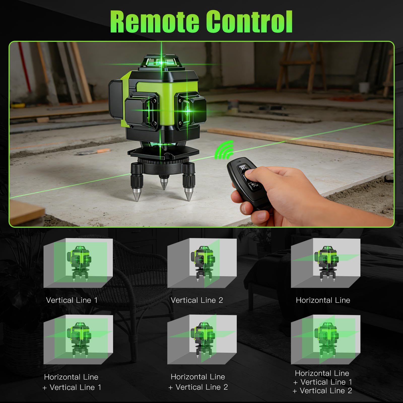 Nivel Láser 4D 16 Líneas, 4×360° Autonivelante con Pantalla Digital de Batería, Láser Verde con Modo Pulso y Control Remoto, Verde