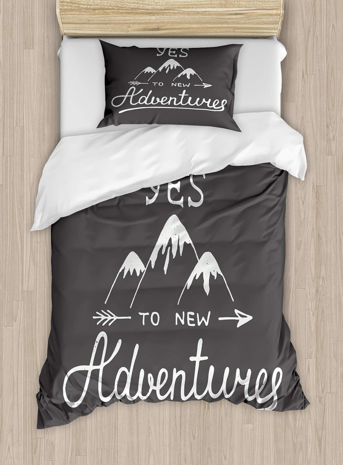 Ambesonne Adventure Duvet Cover Set, Say Yes to New Adventures Typographic Words Scribble Mountains, Decorative 2 Piece Bedding Set with 1 Pillow Sham, Twin Size, Charcoal Grey and White Twin Charcoal Grey and White