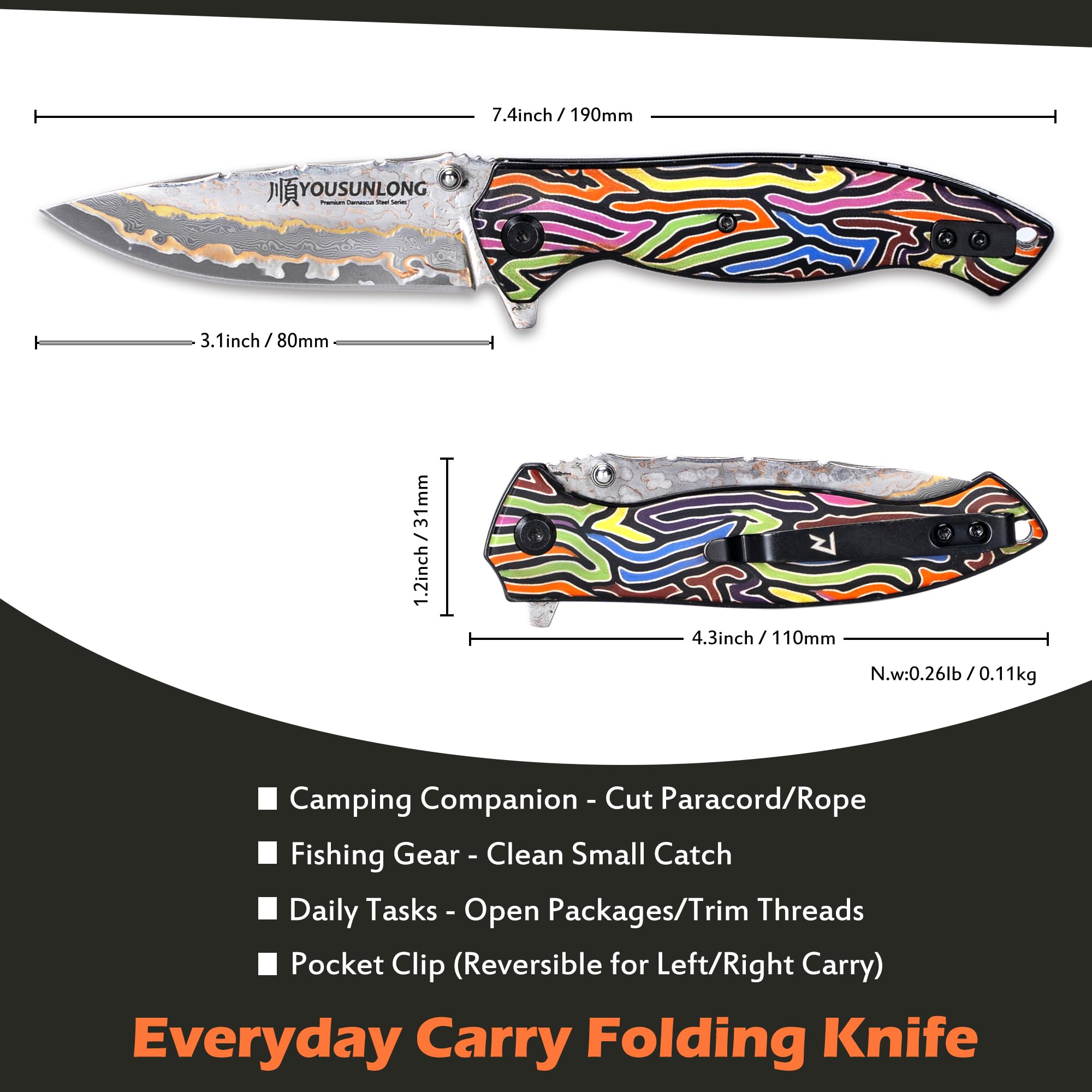 YOUSUNLONG Coltello tascabile pieghevole da campeggio EDC - Lama in acciaio damasco CuMai - Rivestimento in G10 multicolore