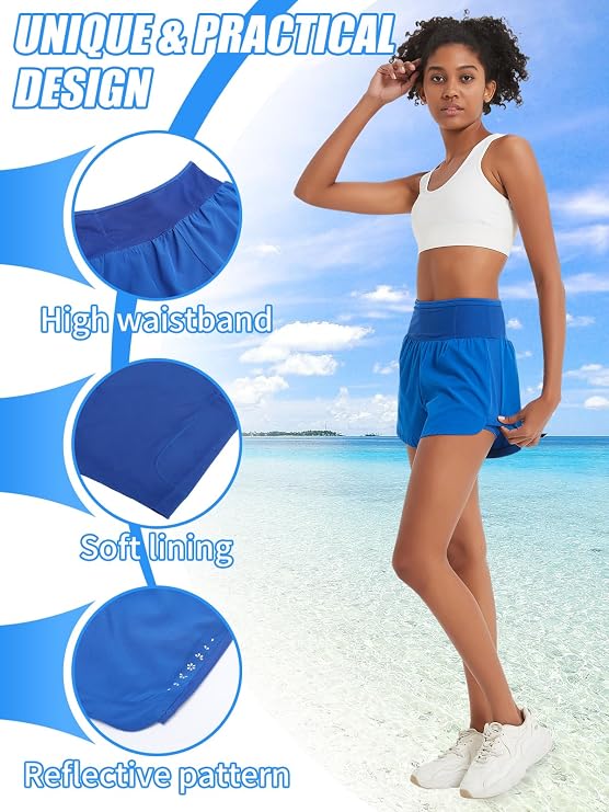 Running Shorts Womens 2 in 1 Sports Shorts with Zipper Pocket Swim Shorts Ladies for Workout Training Yoga Jogging