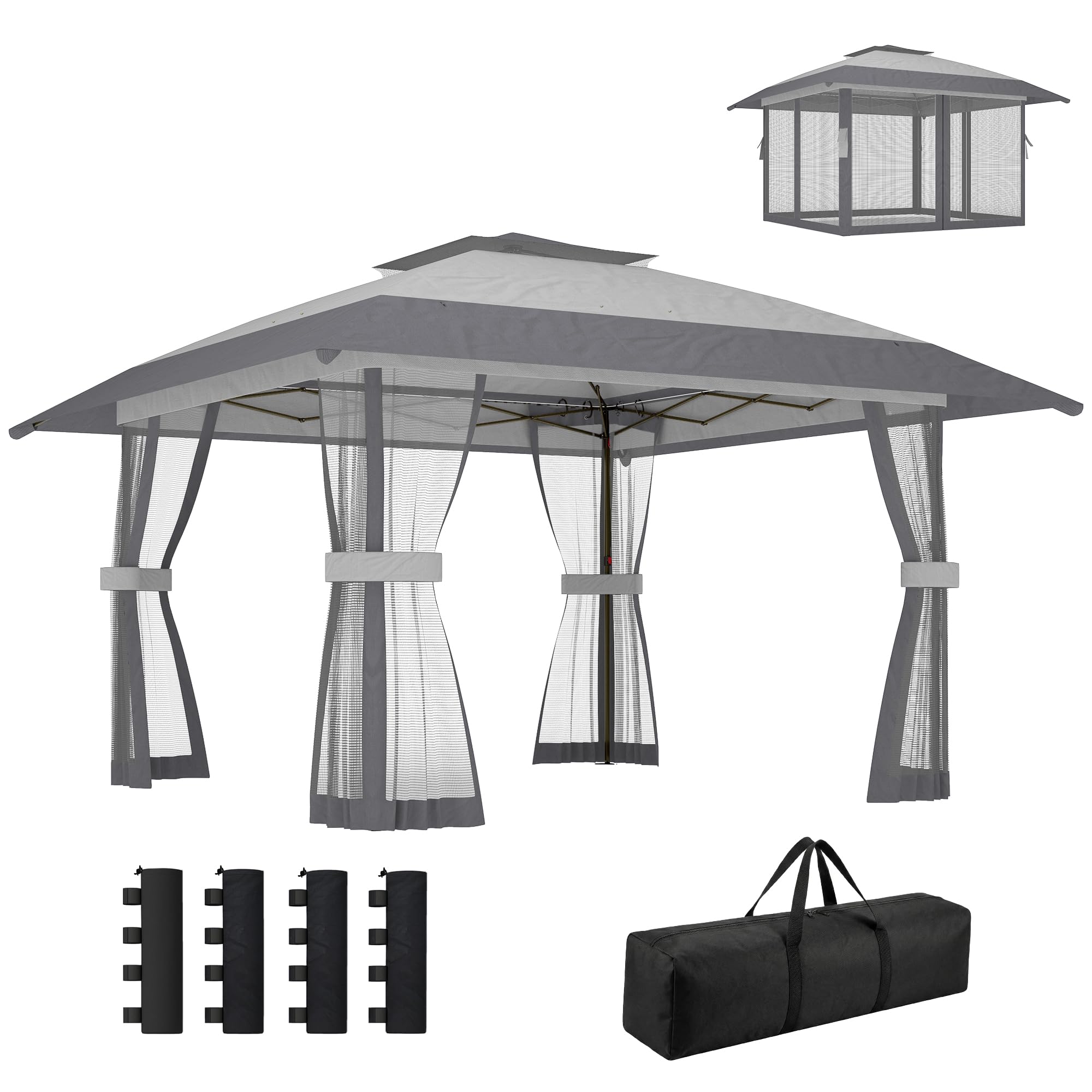 Outsunny Carpa Plegable 4x4 m, Pop-up, con Doble Techo, 4 Paredes Laterales de Malla, Cenador de Jardín con Altura Ajustable 3 Niveles, Bolsa de Transporte, UPF30+, Gazebo para Camping, Fiestas, Gris