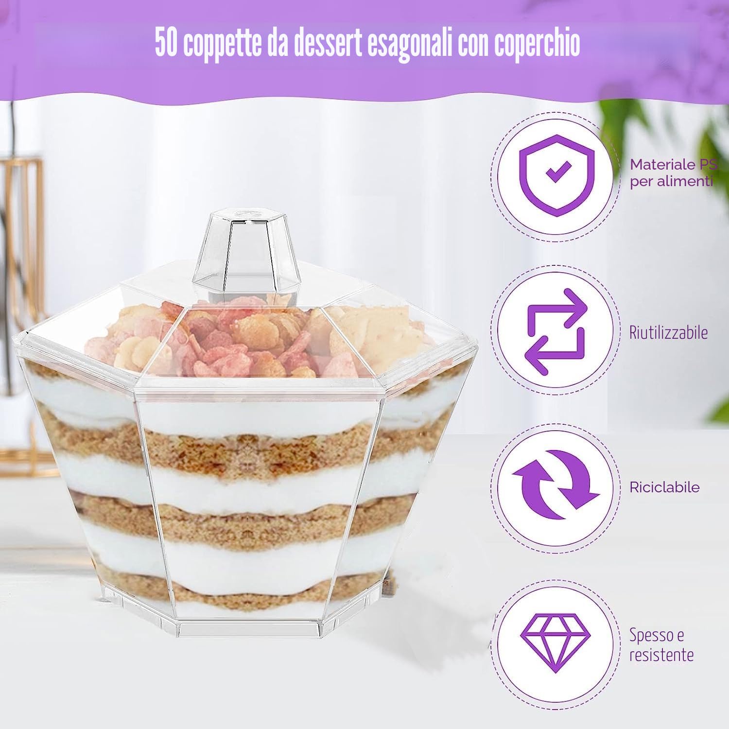 LATERN 50 Pezzi Tazze da Dessert in Plastica con Coperchi, 100ml Coppette da Dessert Esagonali Tazza di Antipasto Semifreddo Trasparente Ciotola da Portata Riutilizzabile con Coperchi (7,5 x 4,5cm)
