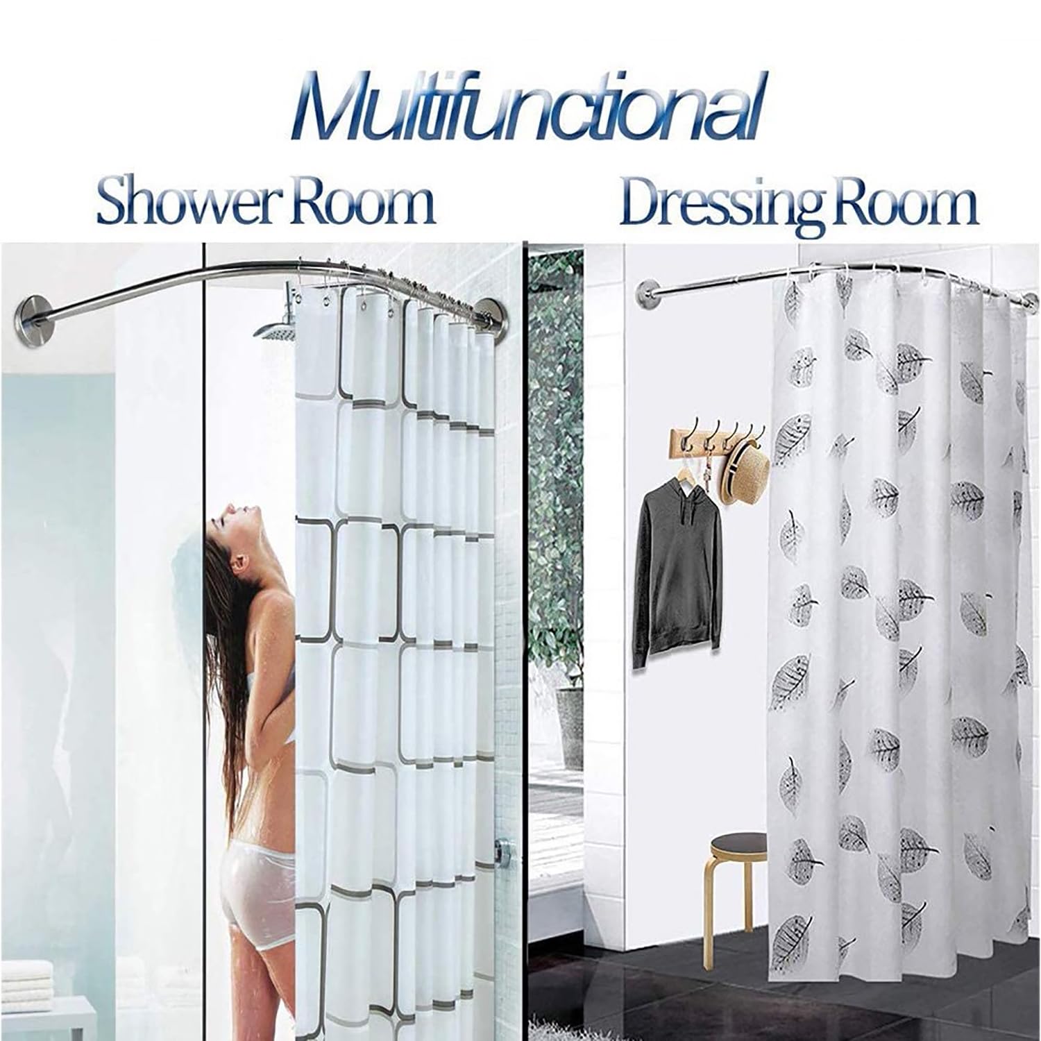 Barre de douche courbée L-SD réglable en acier inoxydable 304 pour salle de bain, installation sans perçage ou sans perçage, extensible de 70 à 95 cm, parfaite pour les magasins de vêtements