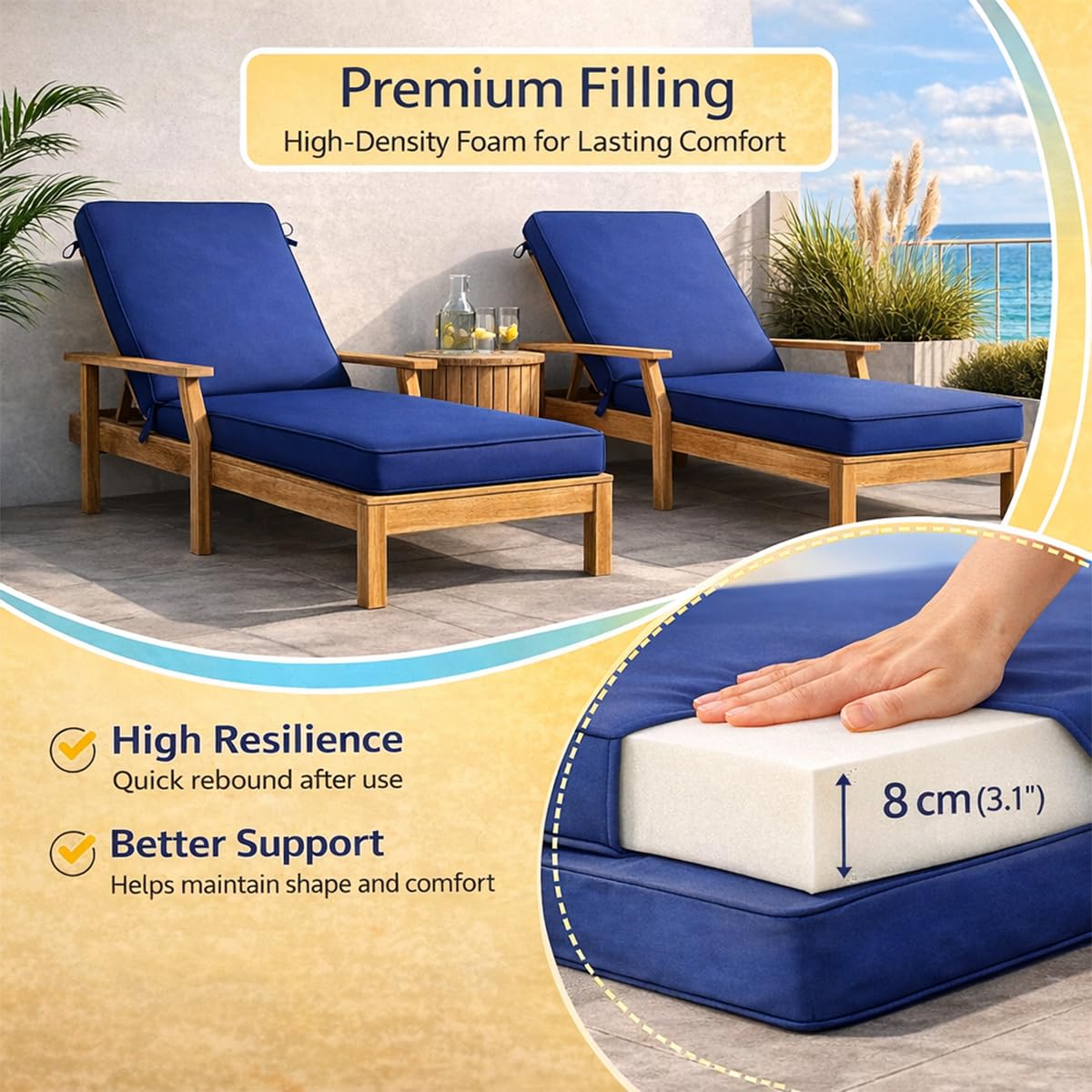 Genérico Cojín para Tumbona Exterior de Poliéster Impermeable, Colchoneta para Tumbona con Espuma 50D, 6 Cintas y Funda Extraíble, para Jardín, Terraza, Patio, Balcón y Piscina,Light Gray,183x53x6cm