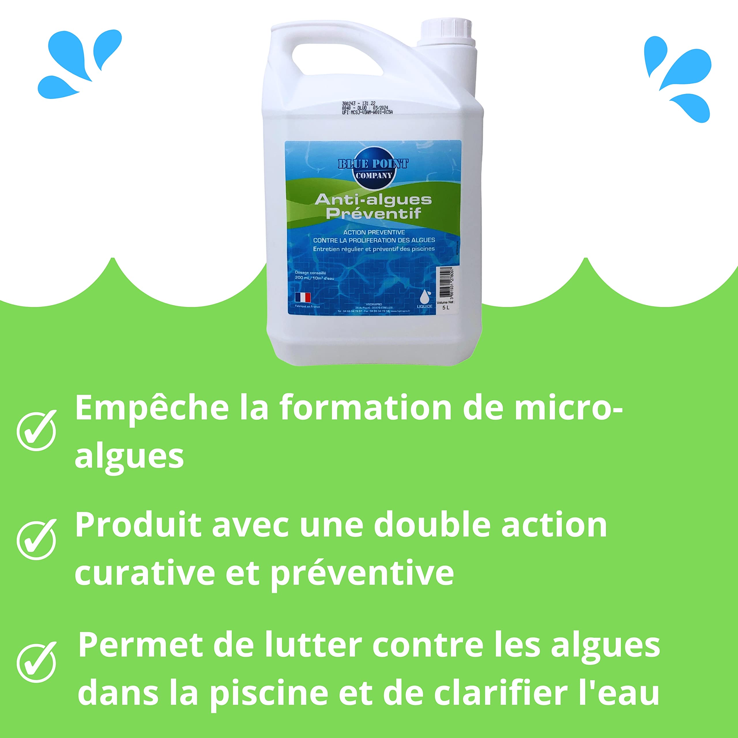 Algicide Anti-Algues Piscine, rattrapage Eau Verte │Anti Eau Verte/Trouble, Traitement Anti-algues │Produit Double Action Contre la Formation des algues (5L)
