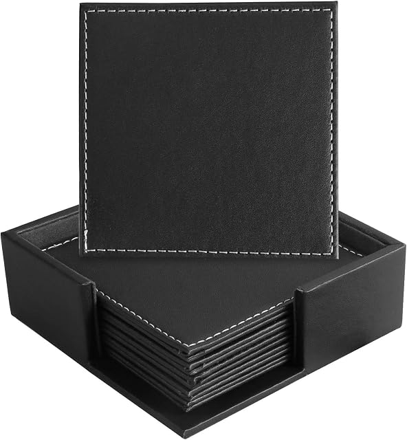Leather Coasters for Drinks with Holder Set of 6,Coffee Mats Protect Furniture from Hot or Cold Water Marks & Damage, PU Leather Drink Coasters Suitable for Kinds of Mugs and Cups (Square Black)
