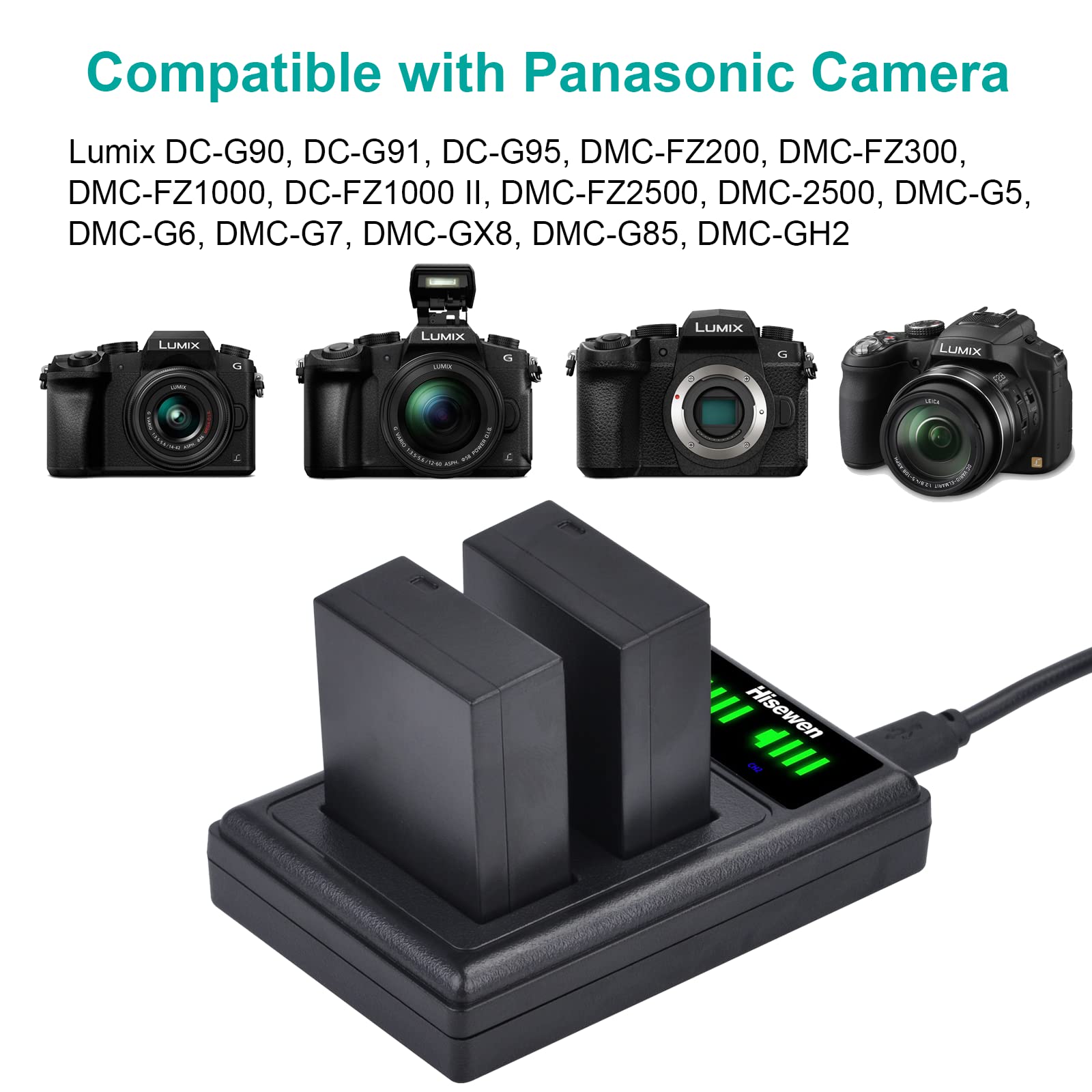 2 Batterie + Caricabatteria doppio (USB) per Panasonic DMW-BLC12 / Lumix DMC -G5, G6, G70, G81, GH2, GX8, FZ2000.. / Sigma dp0/1/2/3 quattro - v. lista (Cavo USB micro incluso