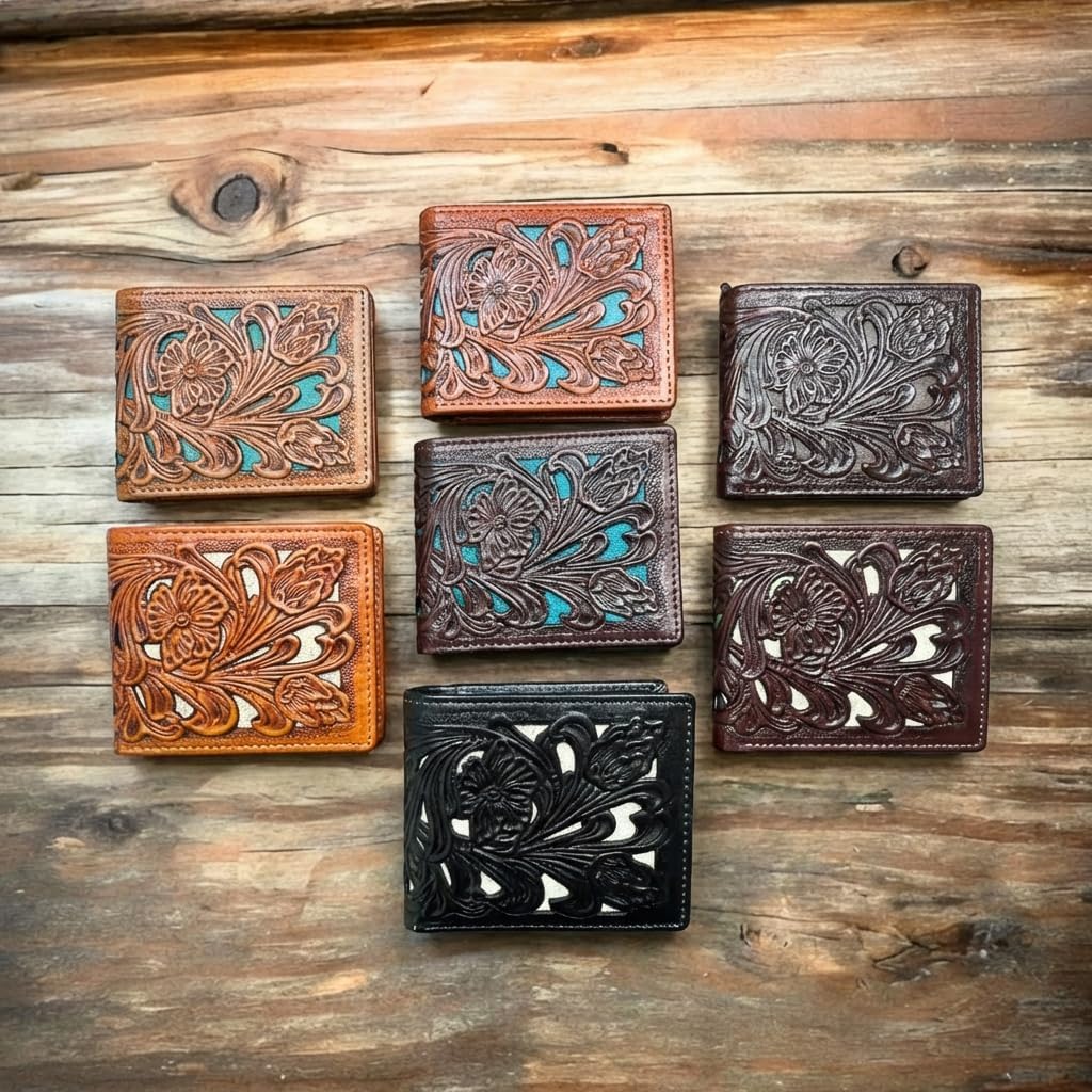 Men’s Short Leather Wallet – Laser Cut Floral Pattern Bifold in Multiple Colors – Compact Western Wallet for Cowboys, Ranchers & Everyday Carry