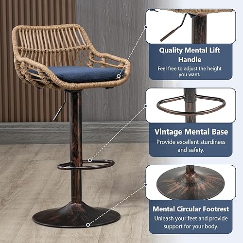 Miniatura 5 de Taburetes de bar modernos de ratán, taburetes de bar de lino para comedor, sillas de bar de cocina con asa y reposapiés, taburetes de pub con base