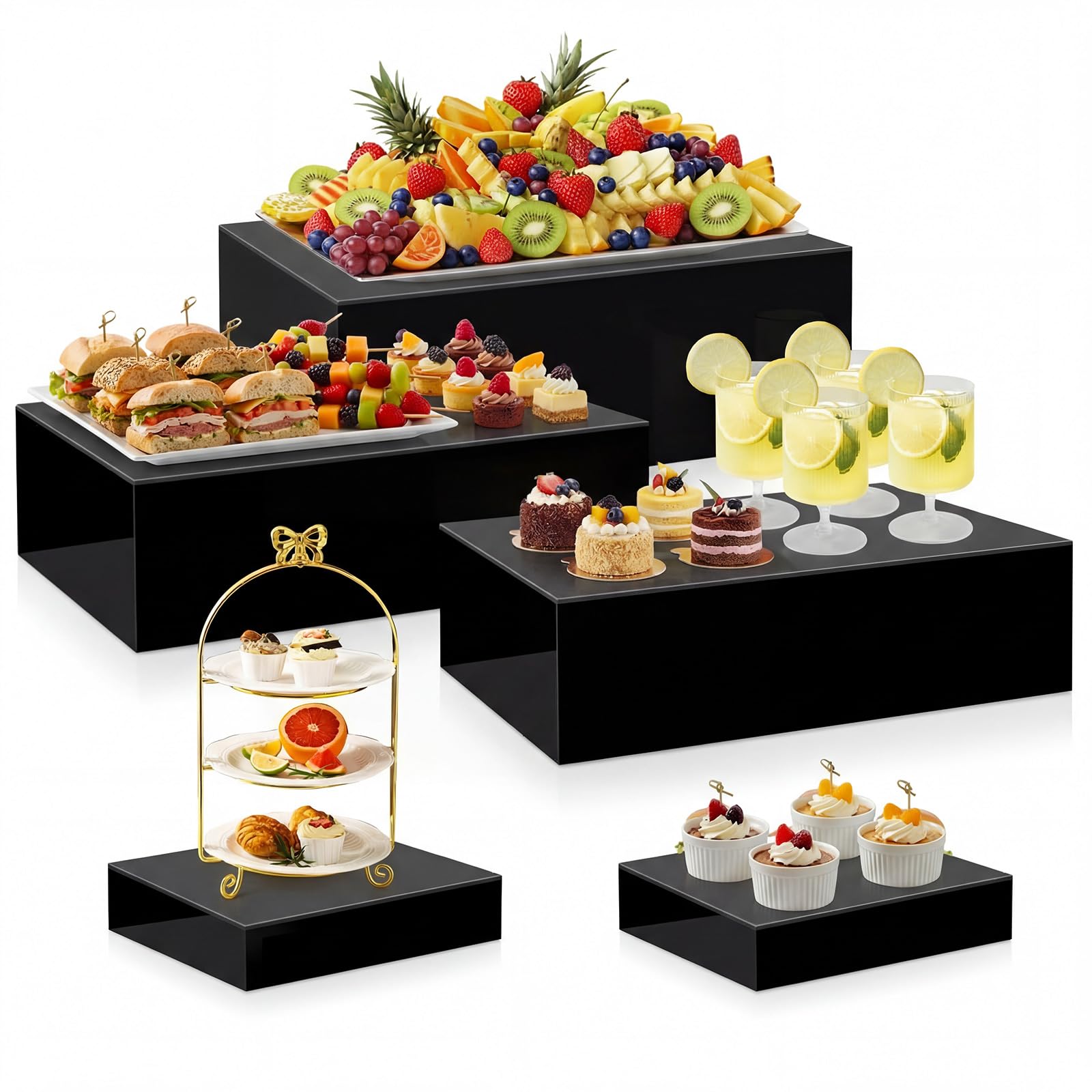 Leinuosen 5 Pcs Large Buffet Risers Set Rectangle Acrylic Display Box Catering Dessert Table Riser Food Display Decorative Stand with Hollow Bottom for Catering(Black)