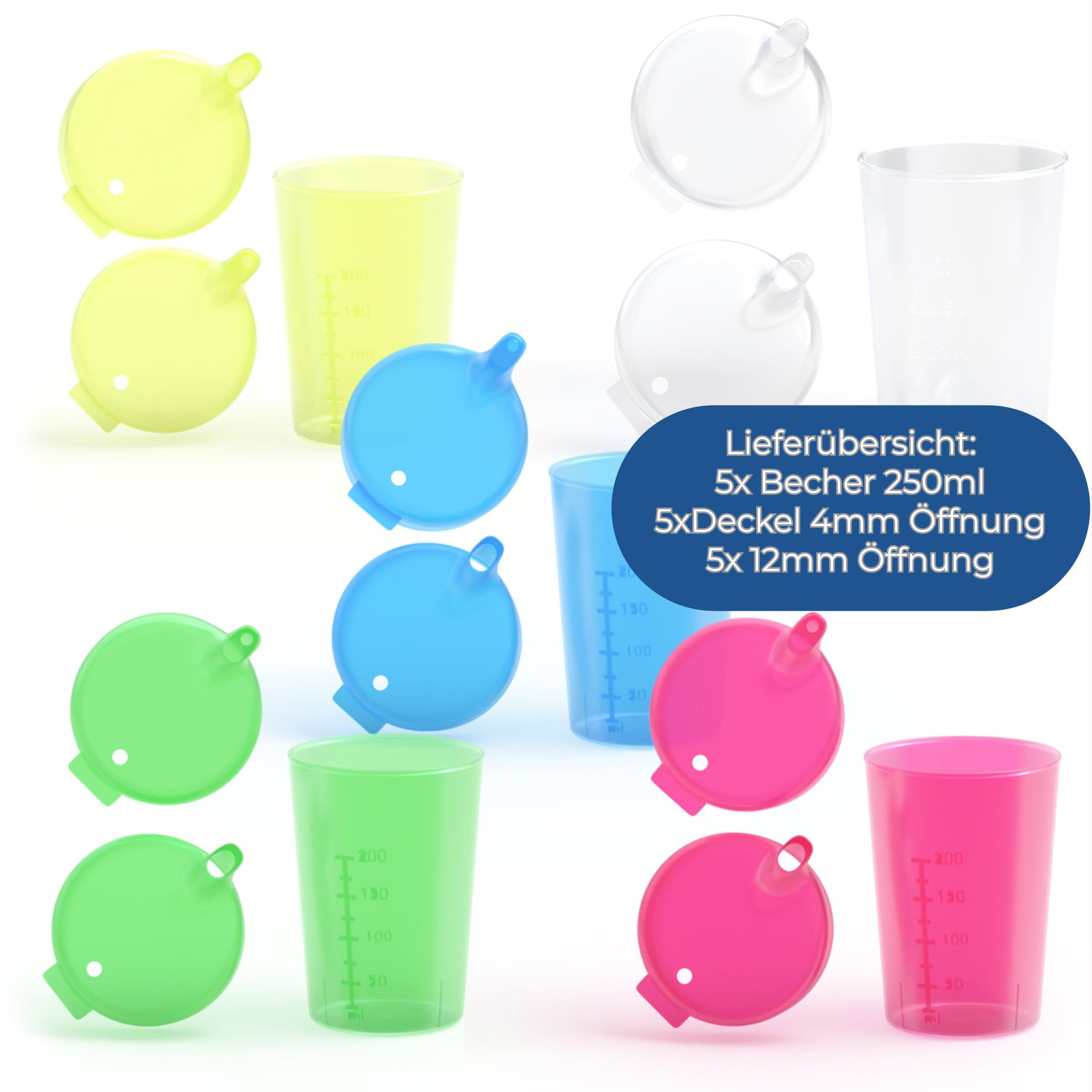 Pack de 5 ayudas para beber para adultos, 250 ml, vasos con pico Plus 5 tapas para líquidos y 5 tapas para papillas/mostaza, color a elegir (multicolor)