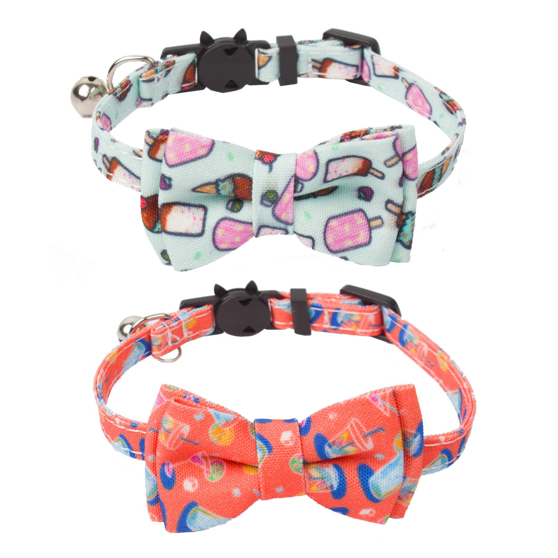 2 Pcs Cat Collars Bow Tie and Bell Detachable, Cute Detachable Adjustable Summer Bow Tie Kitten Puppy Pet Collar Accessories (Soda and Ice Cream Pattern)