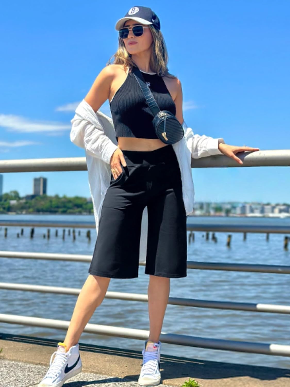 Crossover Capri Pants for Women 14" Knee Length Wide Leg Yoga Cropped Pants with Pockets Casual Summer Lounge - Image 3