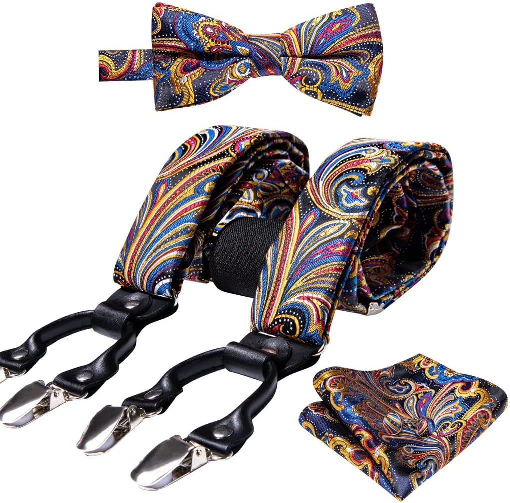 Silk Bowtie Tie 6 Clips Waist Belt Braces Vintage Elastic Wedding Suspenders Men Suspender Set