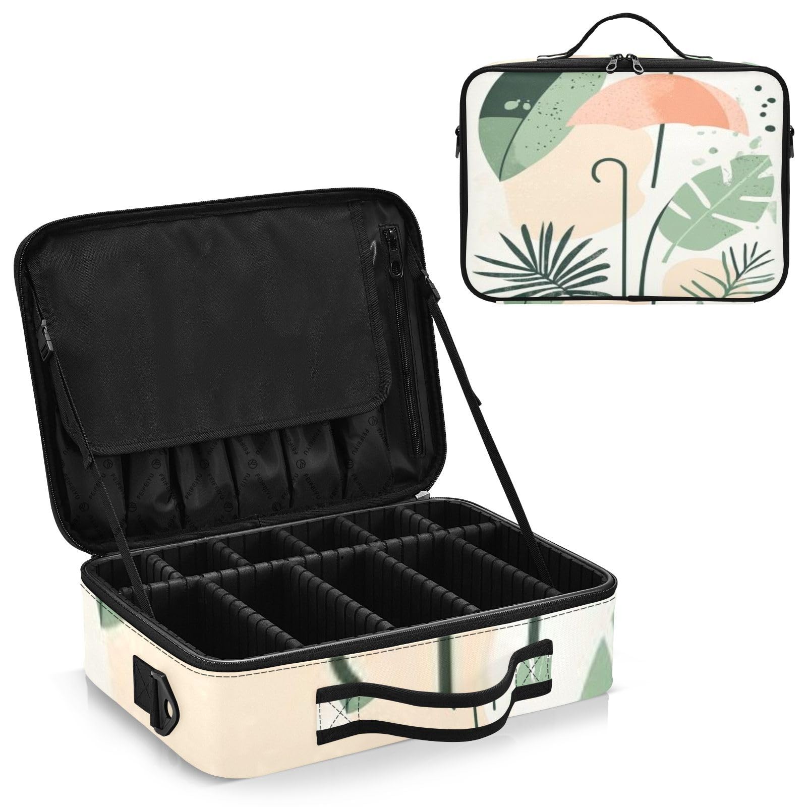 zyrtty Travel Makeup Train Case Bohemian Monstera Leaves Umbrella Plants Cosmetic Organizer Portable Storage Bag with Adjustable Dividers for Cosmetics Brushes Toiletry Jewelry Digital Accessories