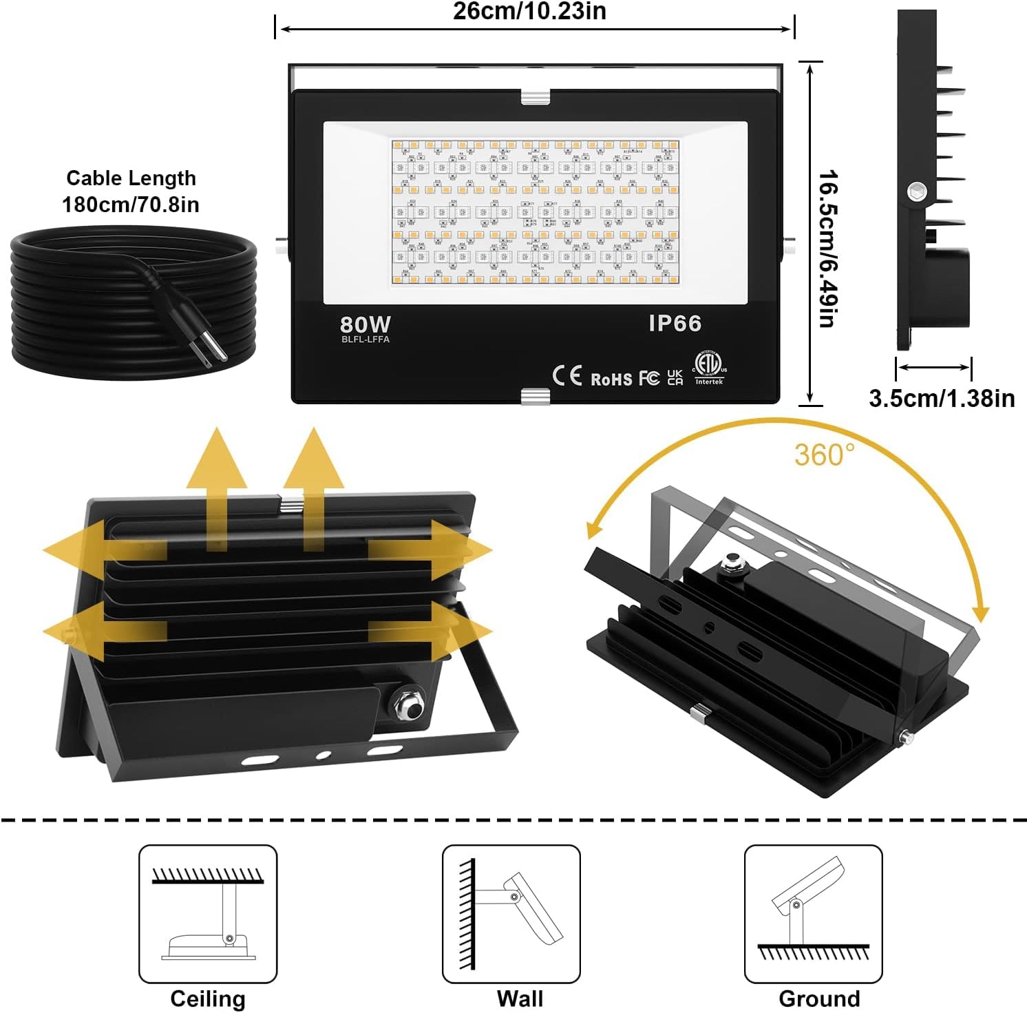 Proiettore LED per esterni, colore 80 W, illuminazione di sicurezza 5700 K, luce bianca fredda, luce LED RGB controllo tramite APP Bluetooth, impermeabile IP66 per esterni, per giardino, garage