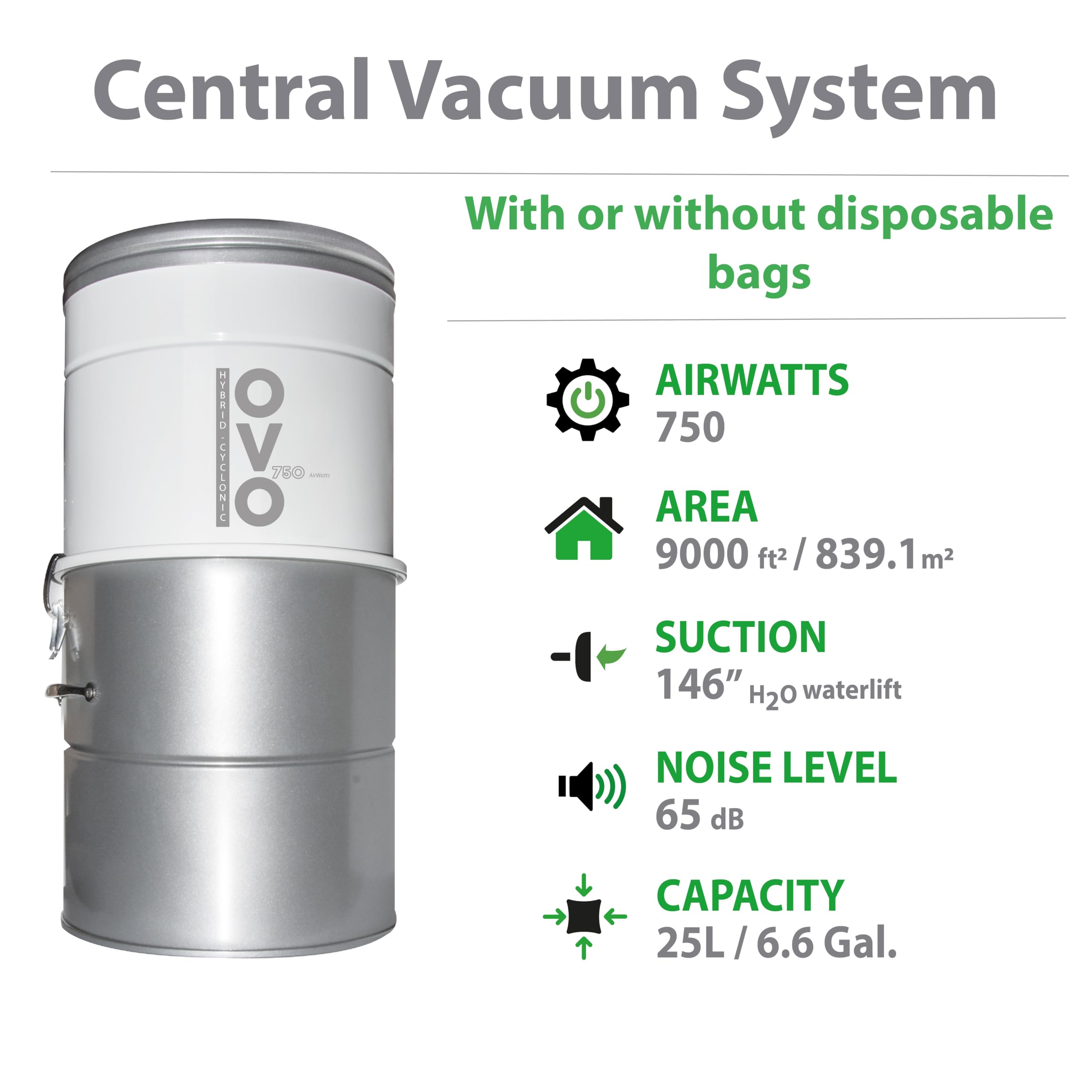 OVO 750 Airwatts Heavy Duty Powerful Central Vacuum System, Hybrid Filtration (with or Without Disposable Bags) 25L or 6.6Gal, 30ft Deluxe Plus Accessory kit Included