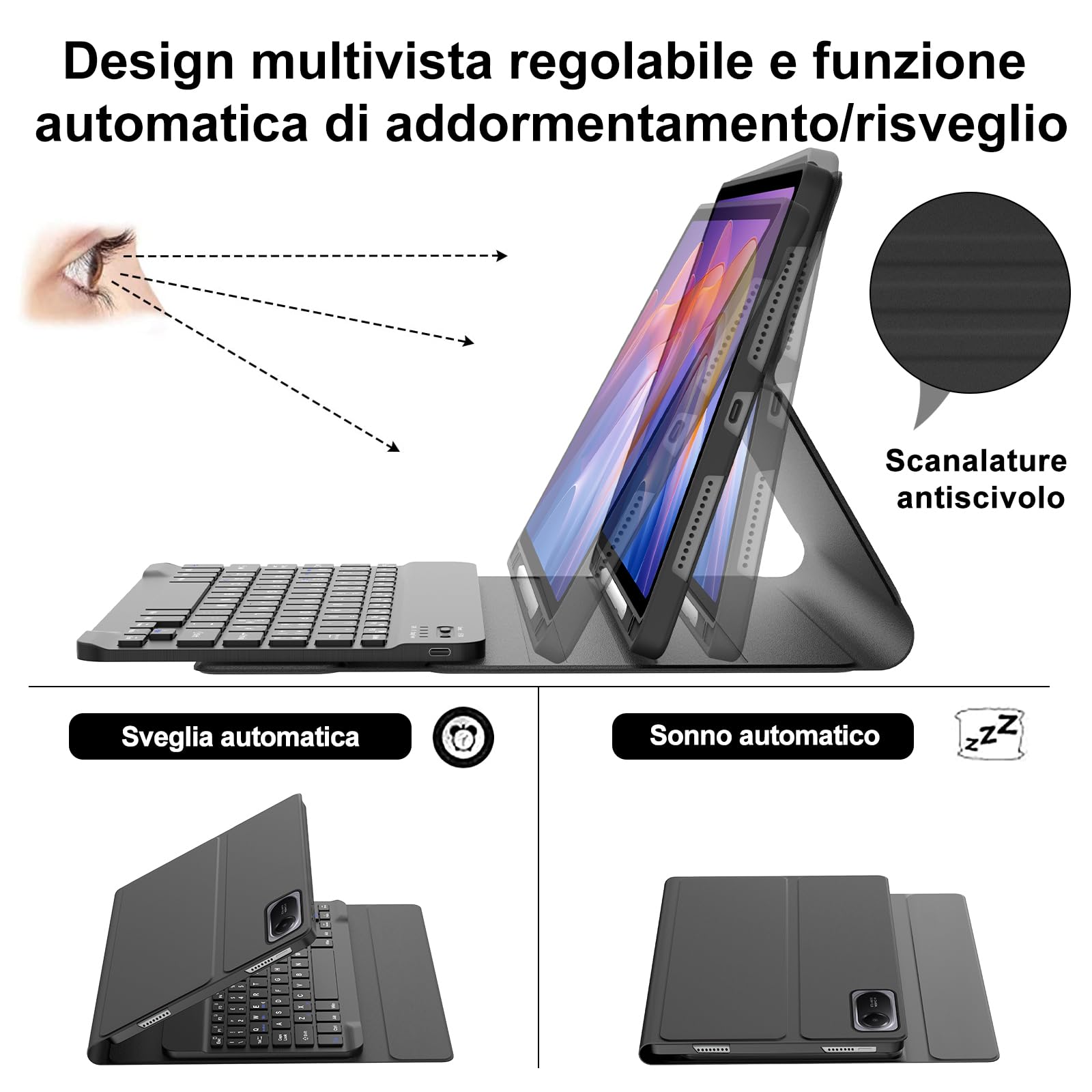 IVEOPPE Tastiera per Xiaomi Redmi Pad 2/ Remi SE 11", Cover con Tastiera Rimovibile, Keyboard Italiano QWERTY Bluetooth, Custodia con Portapenna, Nero