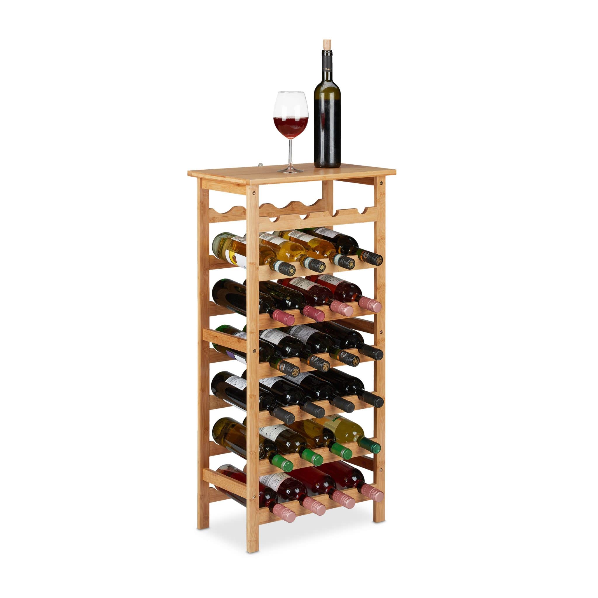 Relaxdays Botellero Vino Bambú, Mueble 28 Botellas, Vertical, 94 x 47 x 29 cm, Cocina, Sótano o Bar, con Repisa, Natural