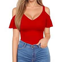 HERLOLLYCHIPS Sexy Tops for Women Cold Shoulder Deep V Neck Short Sleeve Slim Fit Summer Casual Tees T-Shirts Red, XX-Large