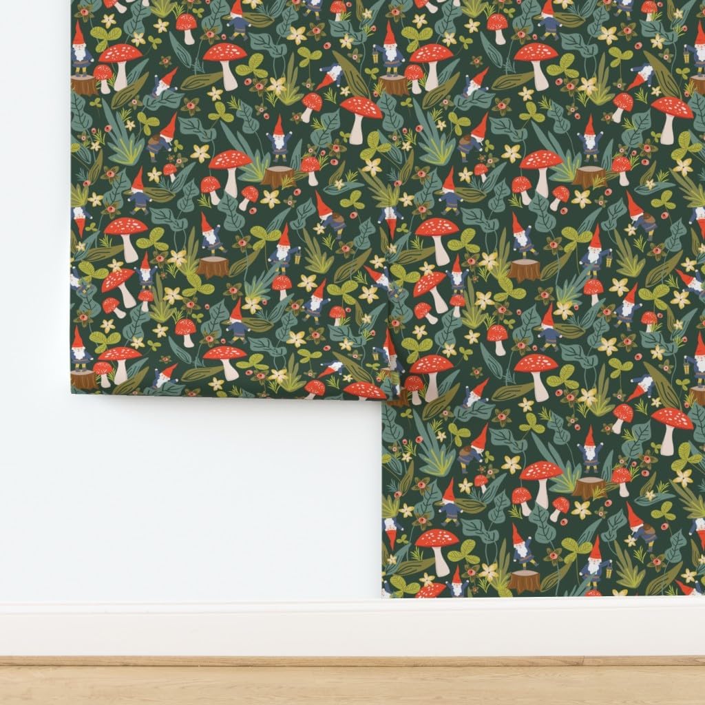 Peel & Stick Wallpaper 6ft x 2ft - Woodland Gnomes Small Gnome Garden Mushroom Mushrooms Red Forest Custom Removable Wallpaper by Spoonflower