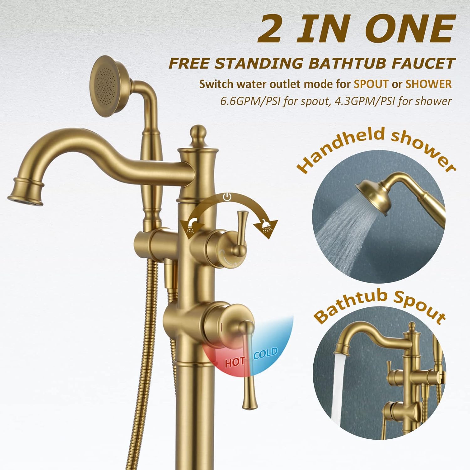Freestanding Floor Mount Tub Filler with Handheld Shower Roman Bathtub Faucet by Brushed Gold Finish, Swivel Spout with Brass Rough-in and Water Hose - Image 2