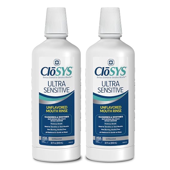 CloSYS Ultra Sensitive Unflavored pH Balanced Alcohol Free Mouthwash 32 Ounce (Pack of 2 + 1 Bottle) Bad Breath Germ Killer