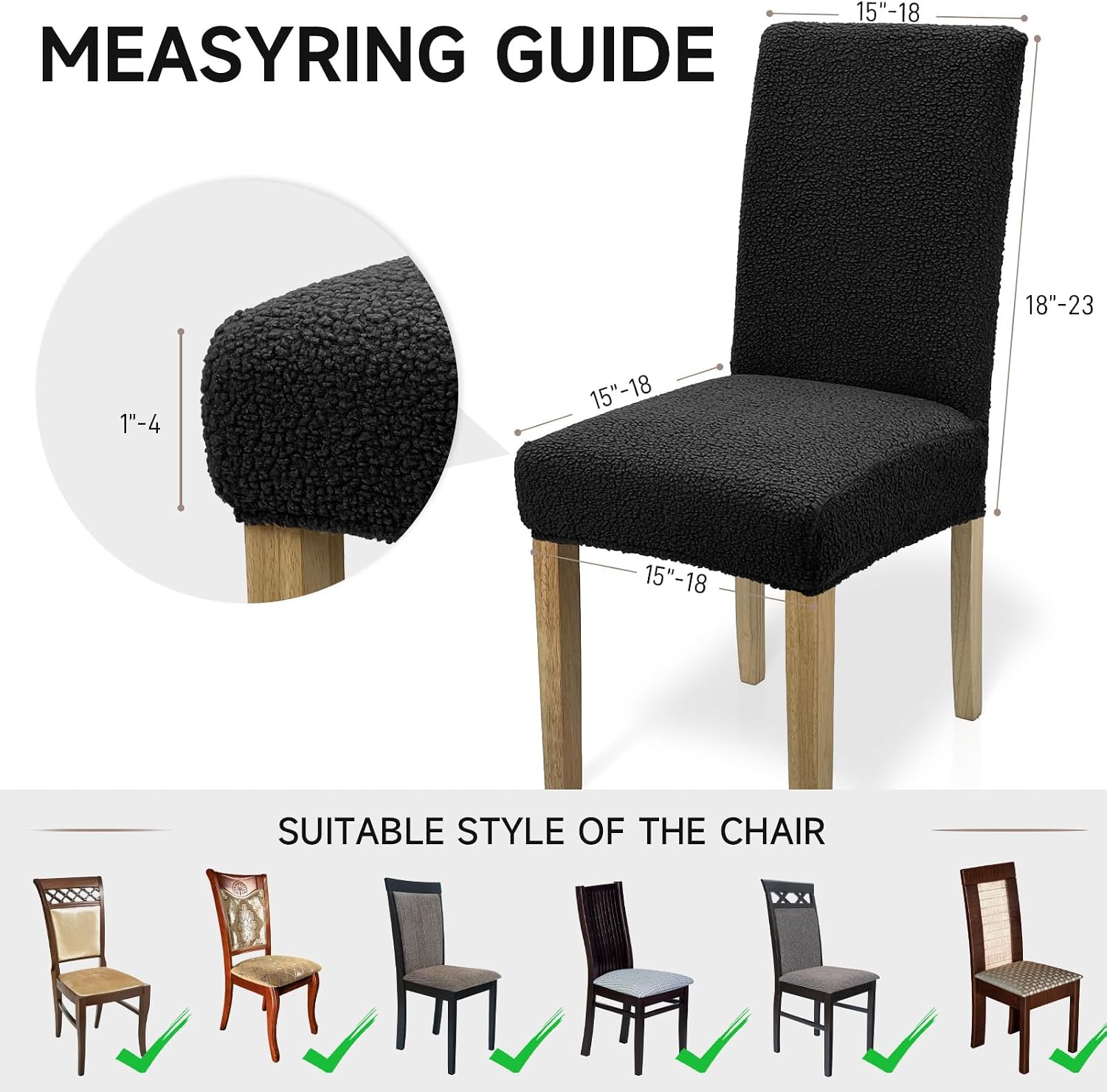 Teddy Wool Dining Chair Covers Soft Teddy Wool Dining Room Chair Covers Set of 2, Washable Kitchen Chairs Slipcovers Elastic Chairs Slipcover for Home and Kitchen (Black 2PCS)