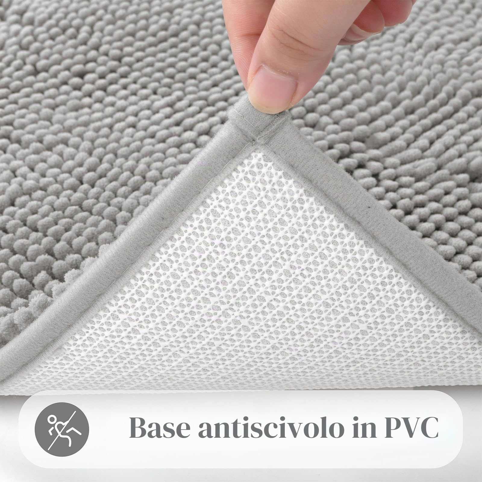 Enyhom Tappetini da bagno in ciniglia, 3 pezzi, ultra assorbenti, antiscivolo, lavabili in lavatrice, morbidi, a pelo lungo, per doccia (grigio chiaro, 45 x 65 + 50 x 80 + U50 x 60 cm)