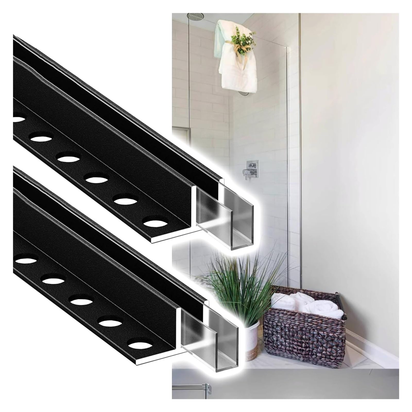 JYHHCYS Tile-In U Channel for Frameless Shower Door Panels, Heavy Duty Aluminum U‑Shaped Glass Channel Track, Matte Black Glass Panel Retainer Hardware(Black 2pcs,12mm/0.47in)