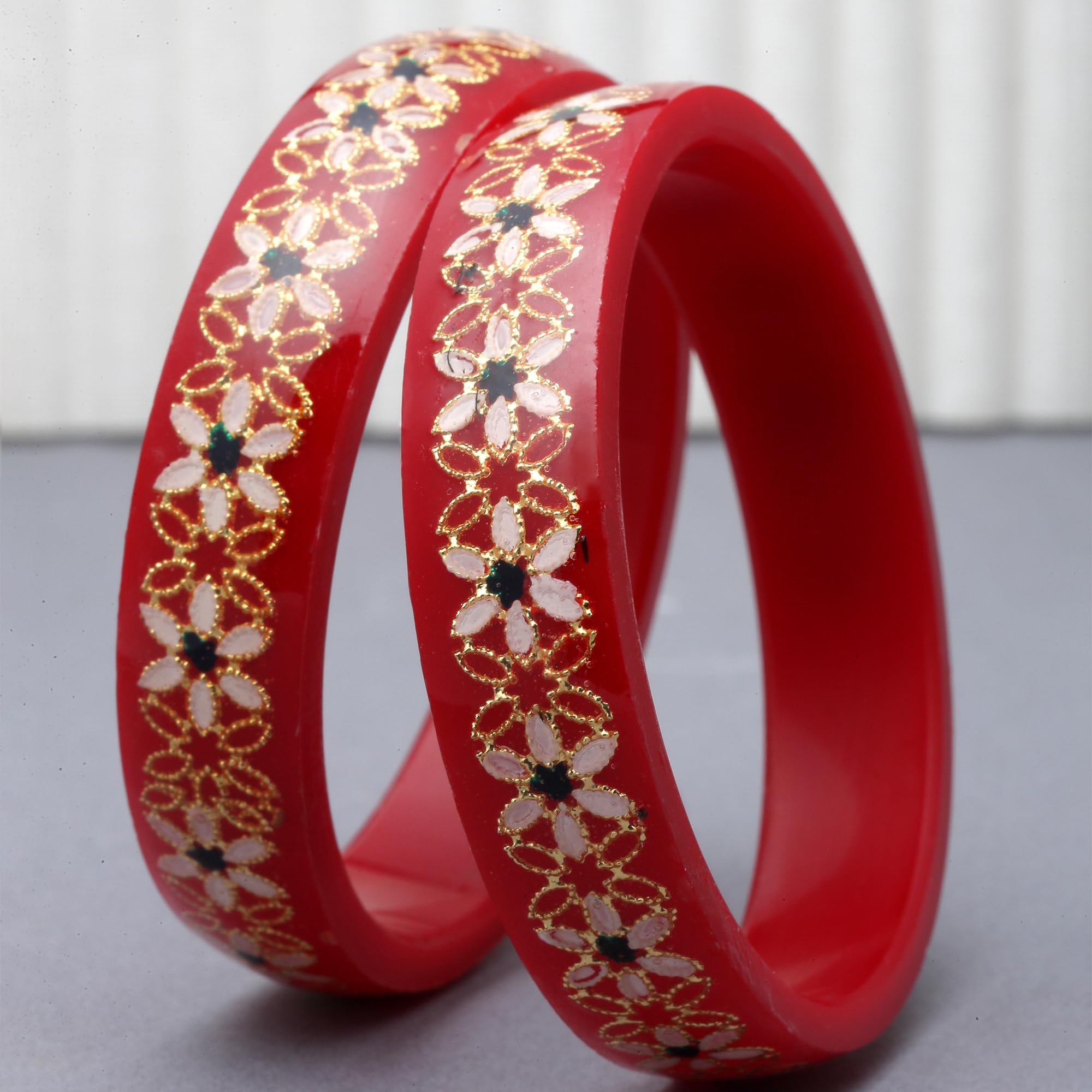 Gold-Plated Green Flower Engraved Bangles Set