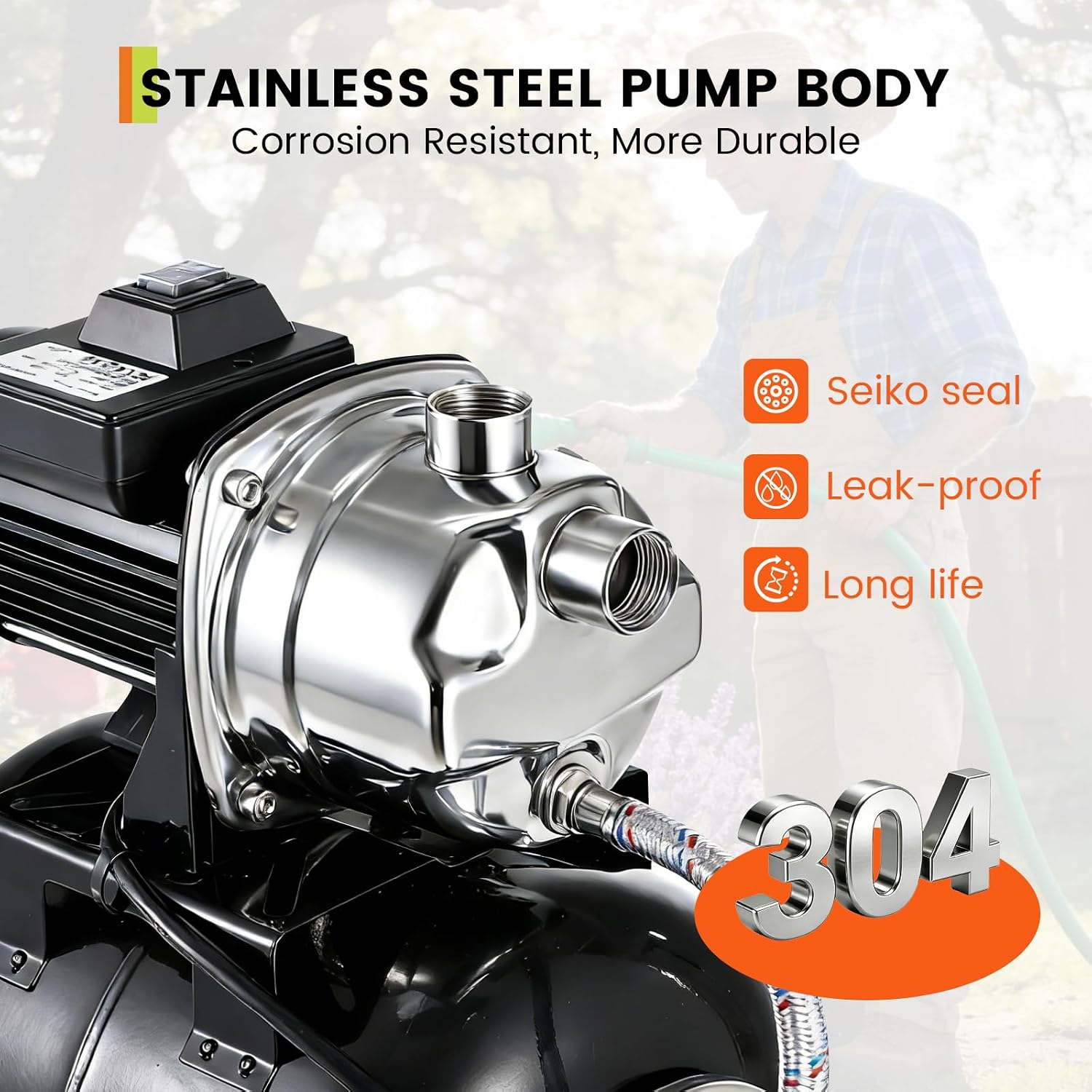 1.6 HP Shallow Well Pump with Pressure Tank, 1320 GPH, Water Jet Irrigation Pump, Automatic Pressure Switch, Stainless Steel, for Home, Farm, Garden & Yard, Black