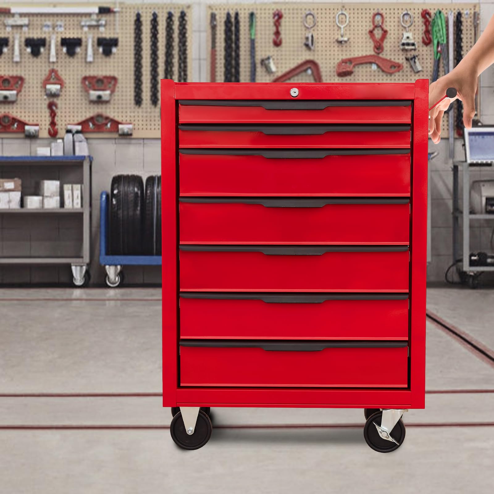 Servante d’Atelier avec 7tiroirs,Caisse à Outils en métal de grande capacité | avec roues et serrure à clé | chariot à outils de rangement roulant pour garage, etabli atelier garage (Rouge, 7 Tiroirs)