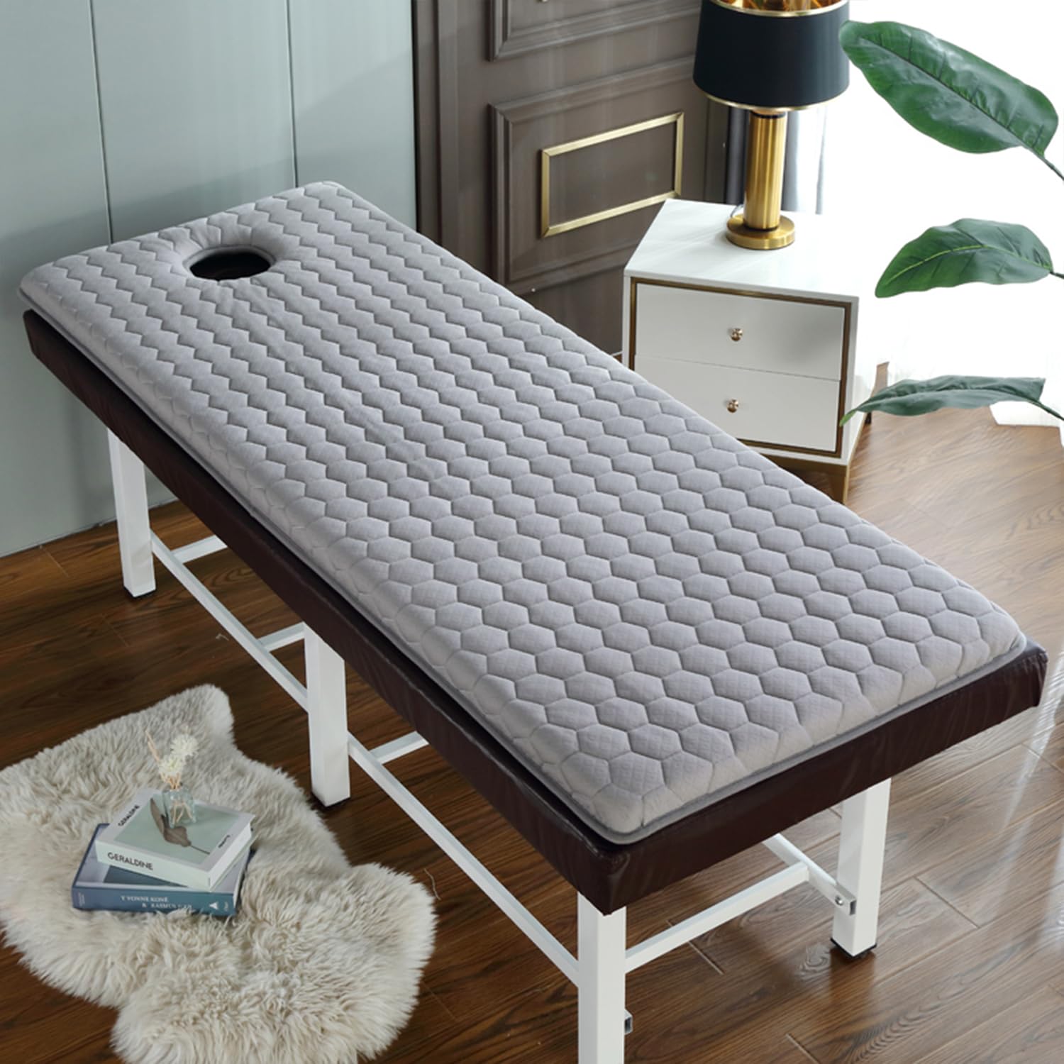 Protection De Table Massage De Station Thermale,Surmatelas en Mousse Mémoire De Forme pour Table Massage,Matelas Beauty Bed avec Trous,Tête Carrée,3 Options D'épaisseur,Gris,70x180cm 6cm