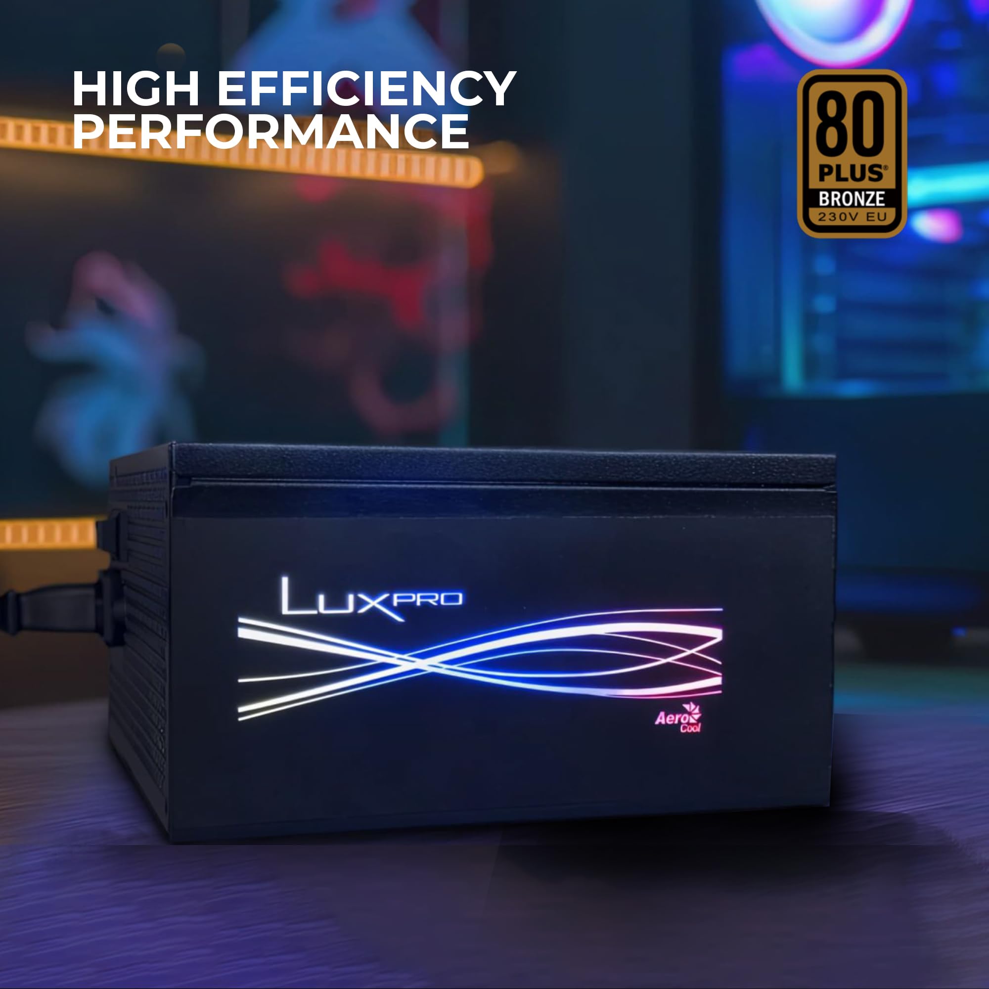 Aerocool LUXPRORGB750M, alimentatore semi-modulare RGB 750 W, 80 Plus Bronze +88%, condensatori giapponesi, ventilatore FDB 14 cm con tecnologia APFC, compatibile ARGB, 5 anni di garanzia, nero