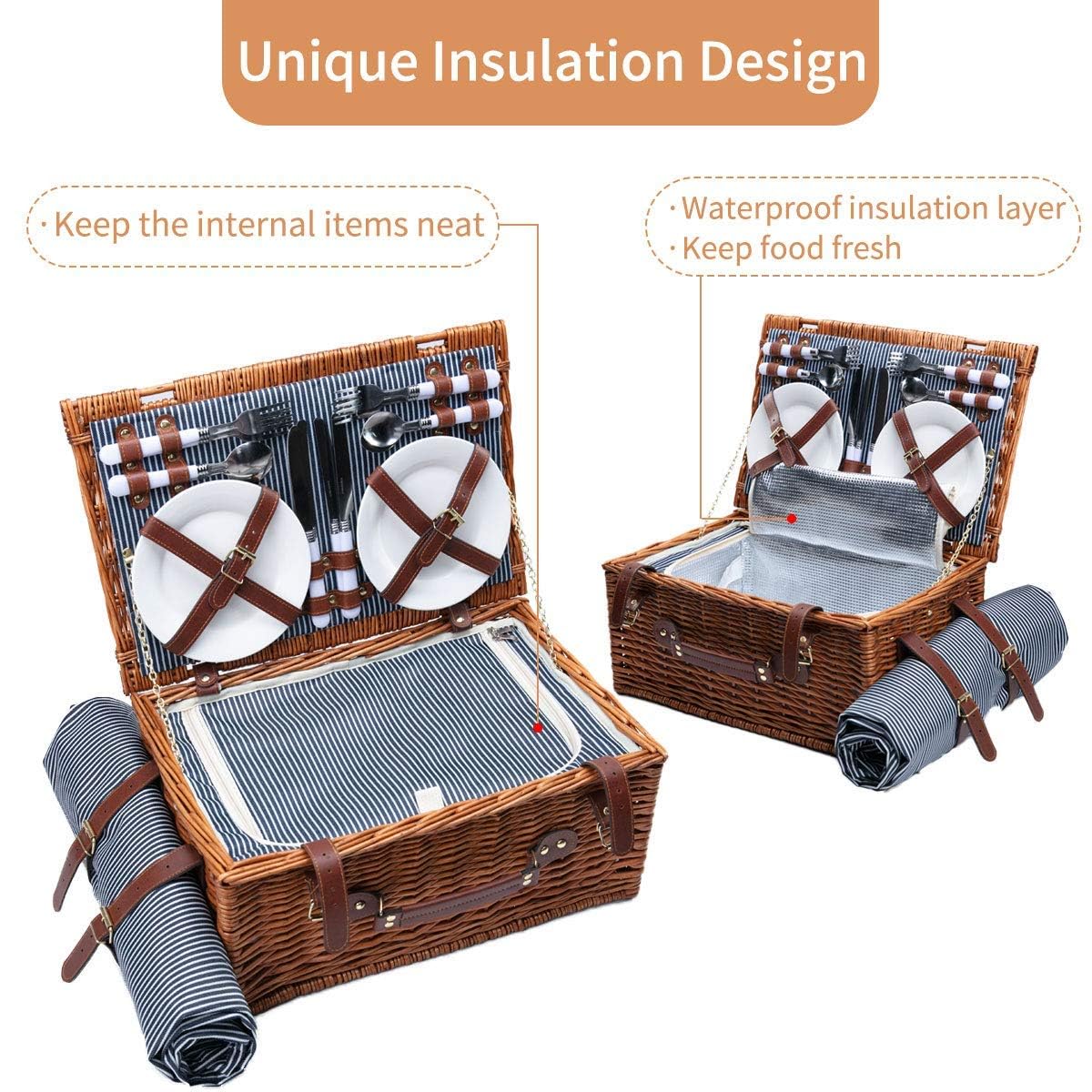 Cesta de Picnic de Mimbre para 4 Personas con Compartimento Aislado, Manta de Picnic Impermeable y Kit de Cubiertos, Canasta de Picnic para Camping, Excursiones, Barbacoas y Regalos Familias/Parejas