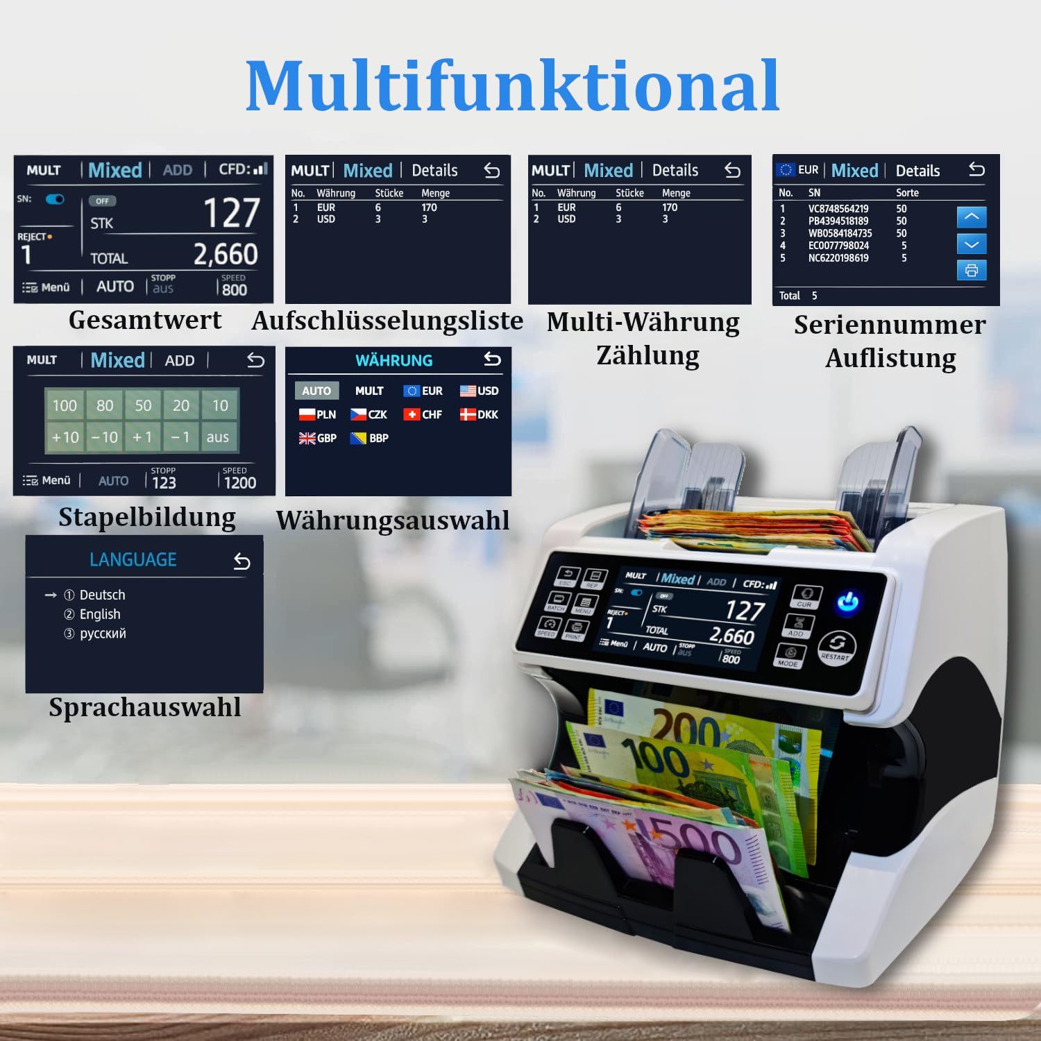 BEITZ BS-920A | Geldzählmaschine | Banknotenzähler mit Kundendisplay | EZB-getestet | 2CIS Technologie | 9-fache Falschgelderkennung | Offline & Anonym | Professioneller Wertzähler mit Kundenanzeige