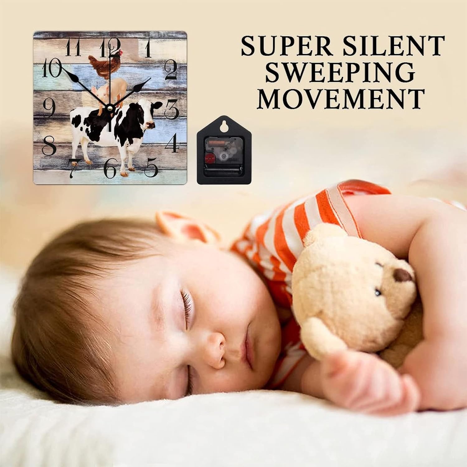 Wood Wall Clock Farm Animal Cow Pig and Chicken 15 Inch Retro Square Wooden Wall Clock Silent Accurate Retro Wood Clock for Farmhouse Dining Room Wall Hanging Home Accent Decor