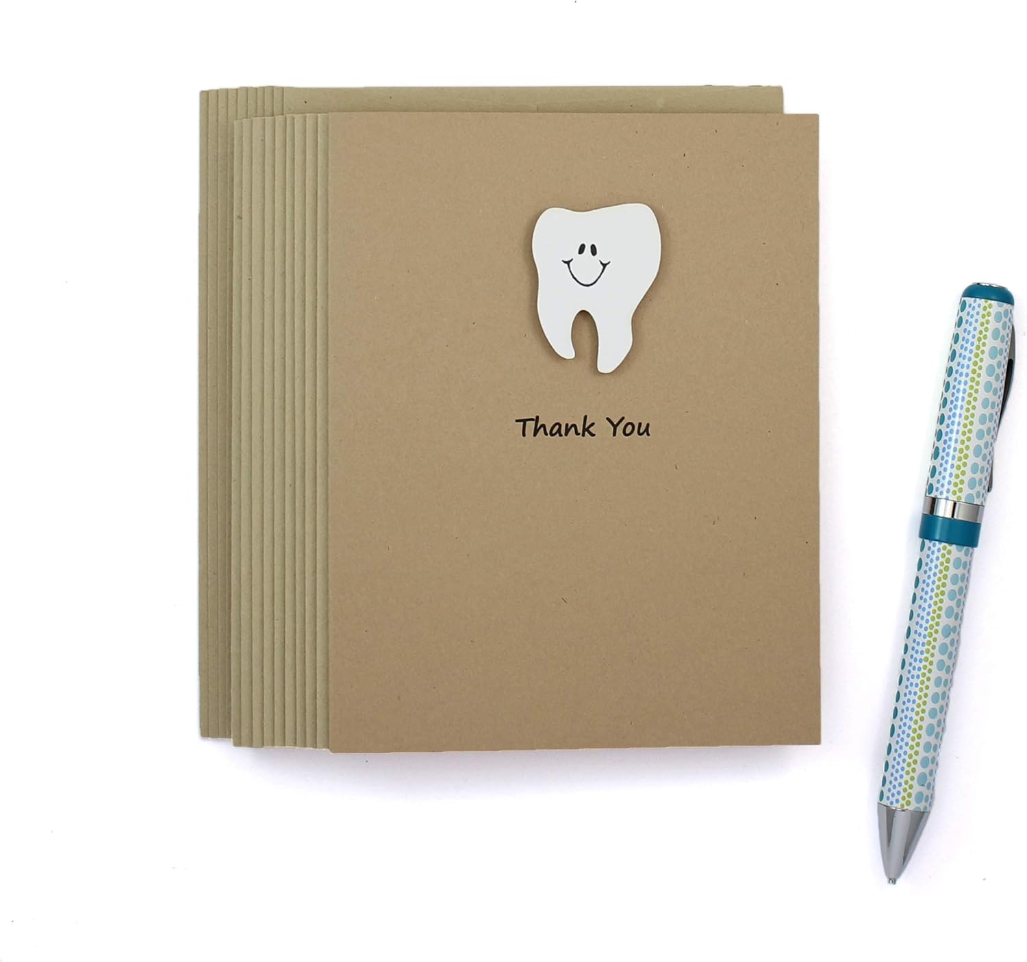 Handmade Tooth Thank You Cards with Matching Envelope - 10 Pack Kraft Brown Blank Dentist Greeting Cards - Perfect Graduation Gifts for Dentist - Nursing - Medical Assistant Gifts