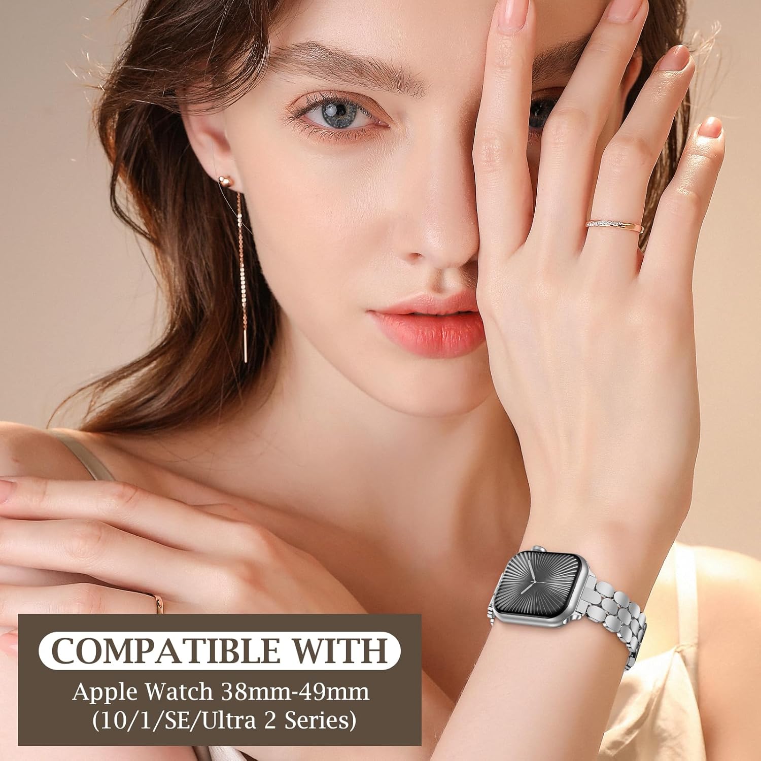 Stainless Steel Dressy Band for Apple Watch for Women Series10/9/8/7/6/5/4/3/2/1/SE/Ultra Compatible with 41mm 40mm 38mm 42mm 46mm 49mm 45mm 44mm Bands,Adjustable Designer Metal Strap for iWatch - Image 4