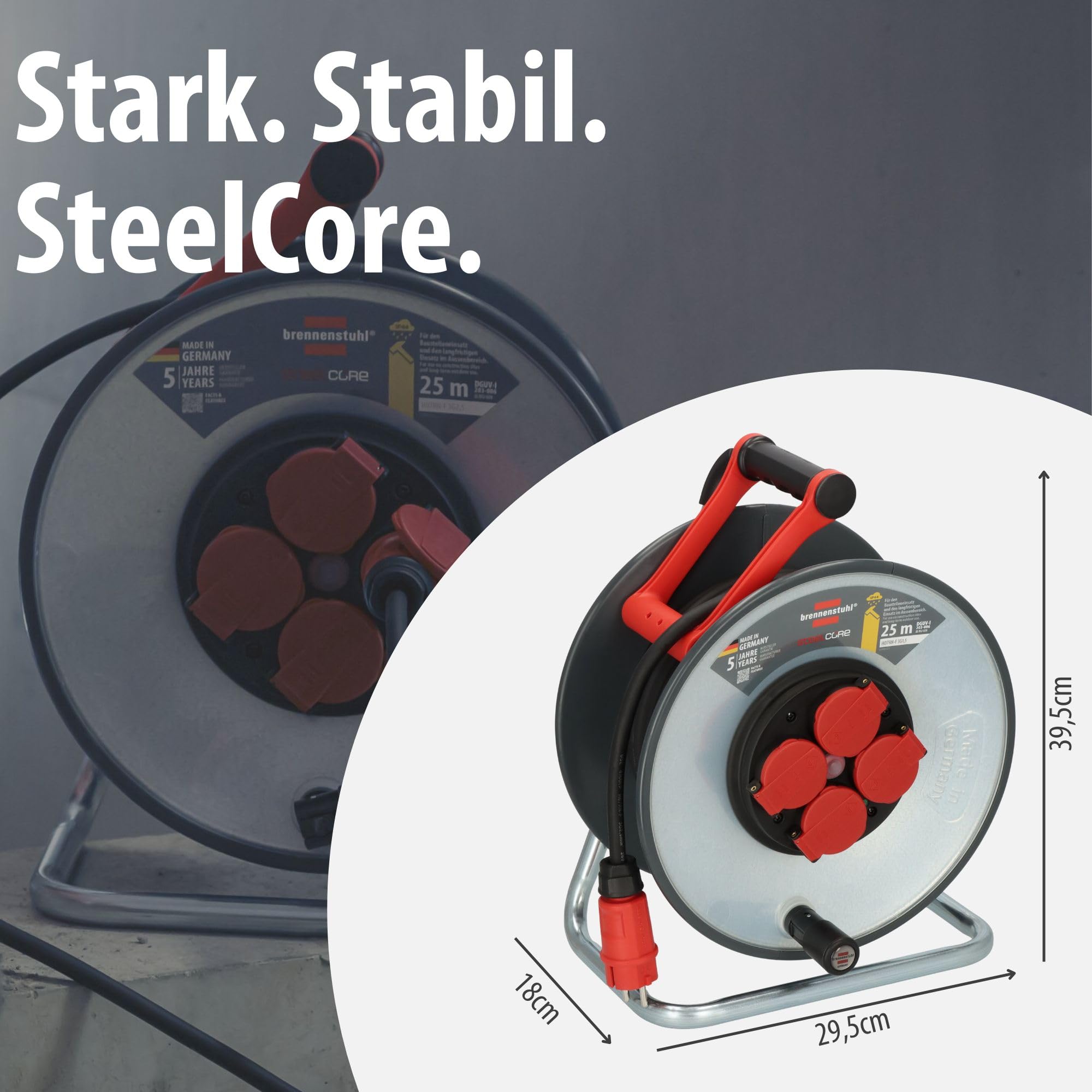 Brennenstuhl Professional SteelCore Kabeltrommel SC 2200 IP44 (25m H07RN-F 3G2,5, Trommelkörper aus Stahlblech, Baustelleneinsatz und ständiger Einsatz im Freien, Made in Germany)