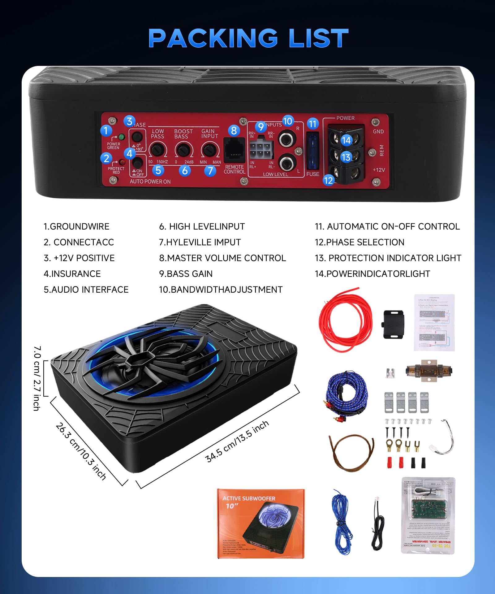 Hodozzy 1200W Subwoofer Activo para Coche 10 Pulgadas,Conjunto de Subwoofer y Amplificador Ultraplano de Alta Potencia para Debajo del Asiento con Luz RGB Sincronizada con el Ritmo,Patrón de araña