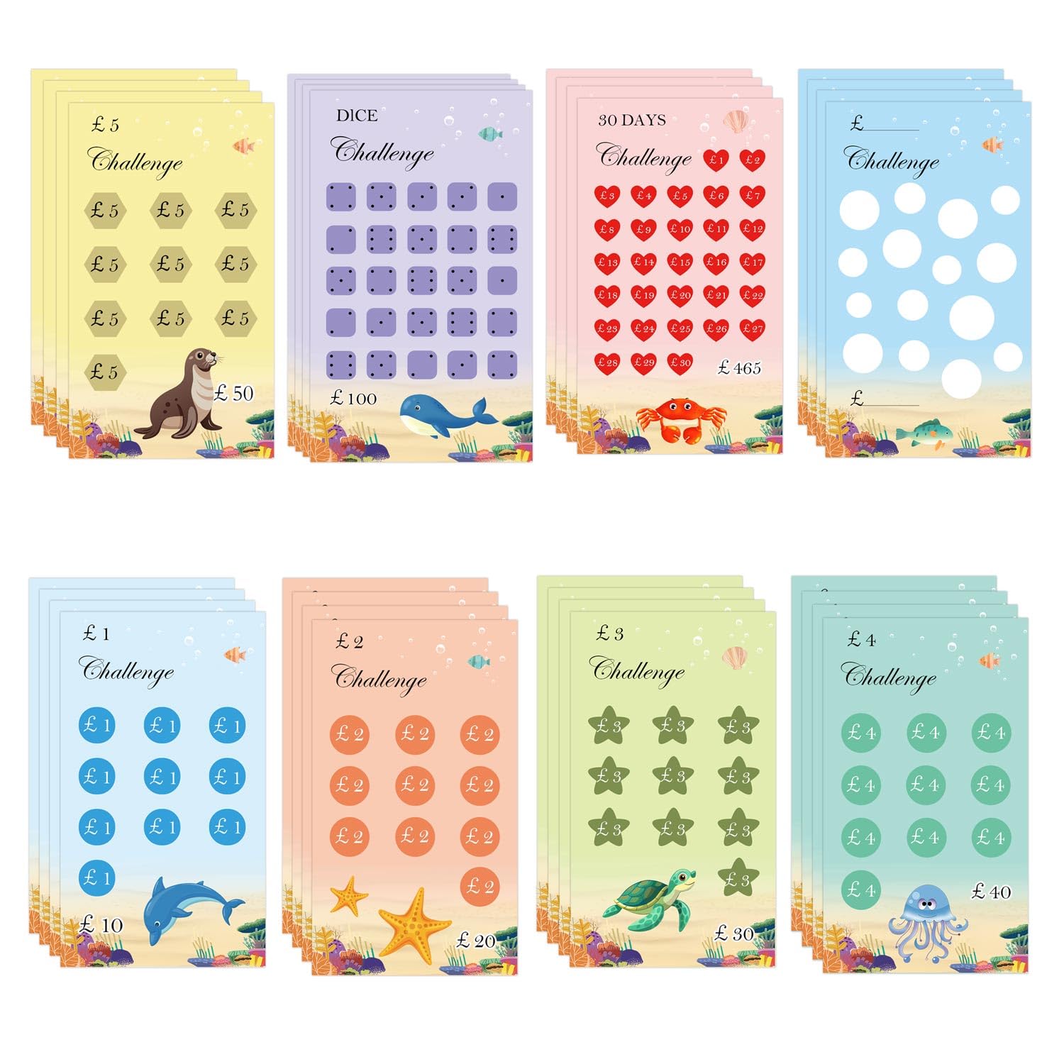 32 Money Savings Challenges Trackers Card – Wallet Budget Cards, Ocean-Themed Budget Binder Savings Challenge Cards For Multiple Budget Cards, Organizer Book Budget Planner, Cash Envelope System