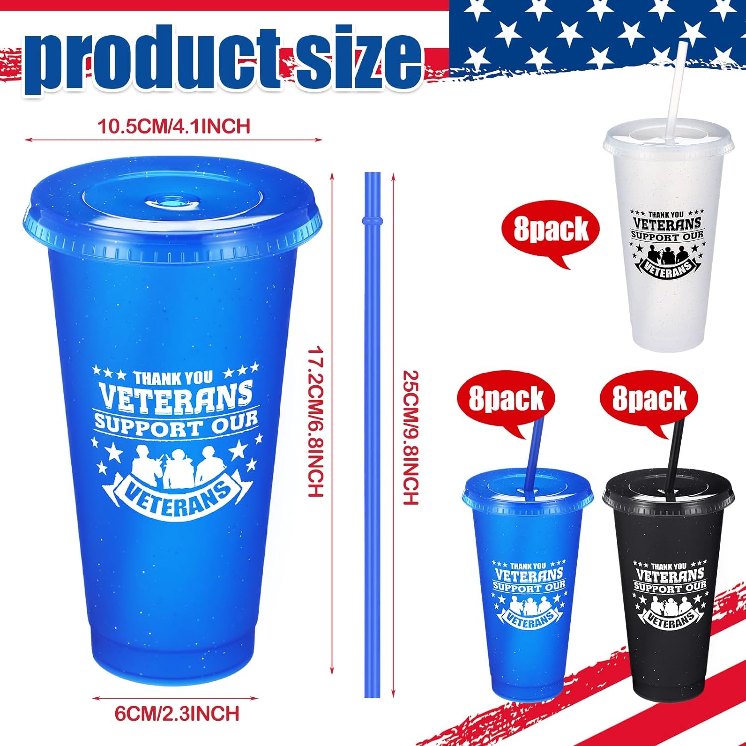 Skylety 24 Pcs Thank You Veterans Plastic Cups 24 oz Patriotic Memorial Day Party Gift Supplies Tumbler Plastic Coffee Cups with Straws and Lids for 4th of July Independence Day Party Supplies