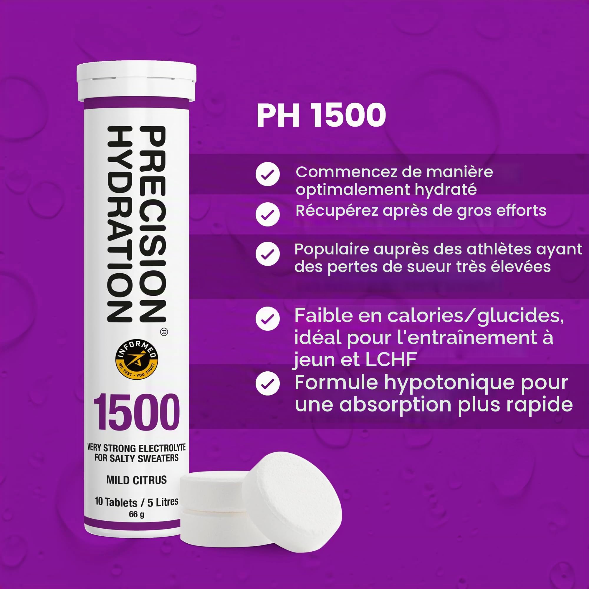 Precision Hydration Comprimés Électrolytes - Comprimés Hydratants Effervescents Multi-Force - Combat les Crampes - Faible en Calories, Sans Gluten (12 Tube, 1500mg/L - Violet Tube)