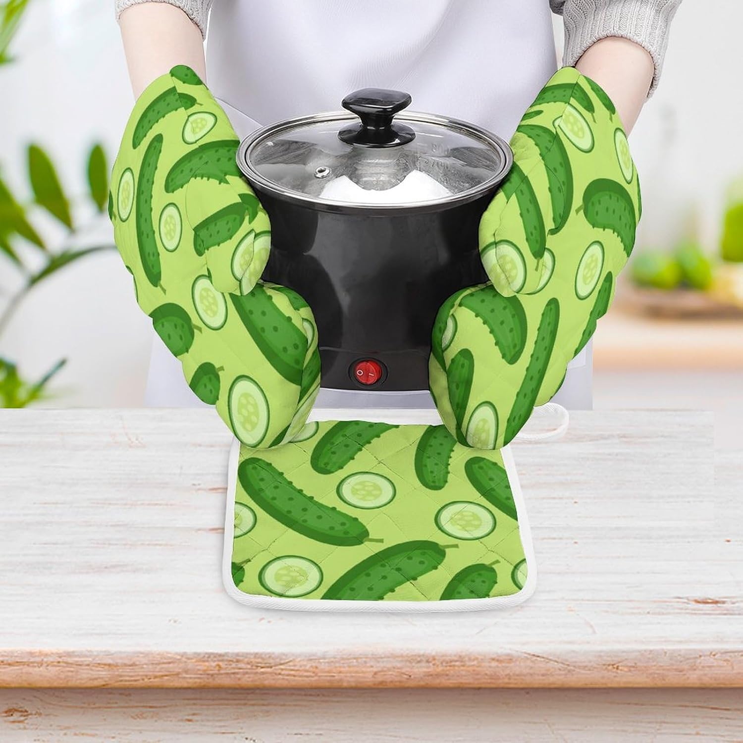 Dill Pickles Print Oven Mitts and Pot Holders 3 Piece Sets Heat Resistant Gloves Hot Pads Potholders for Kitchen Baking Cooking