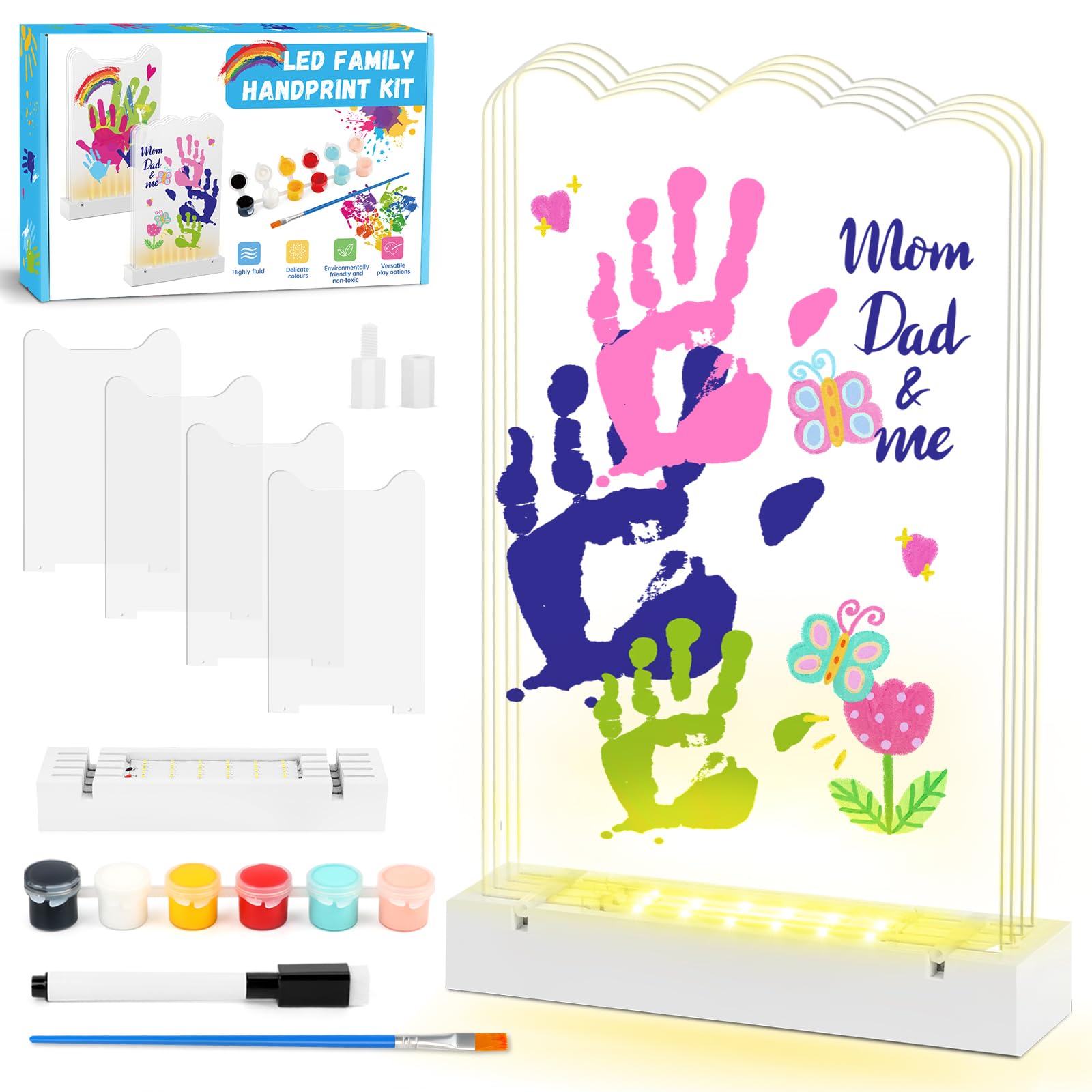 Herefun Kit Impronta Mani e Piedi Neonati per 4 Persone, Kit Impronte Mani Famiglia Con Base LED Illuminata, Neonati Ideale Regalo per Nascita, Nuovi Genitori, Battesimo Bimbo (A)