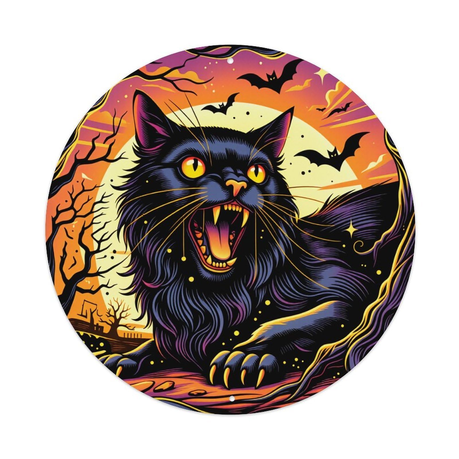 Black Cat Halloween Bat Moon Round Tin Sign Vintage Style Metal Sign Home Bar Garden Wall Plaque Decor Metal Poster 8x8 Inch