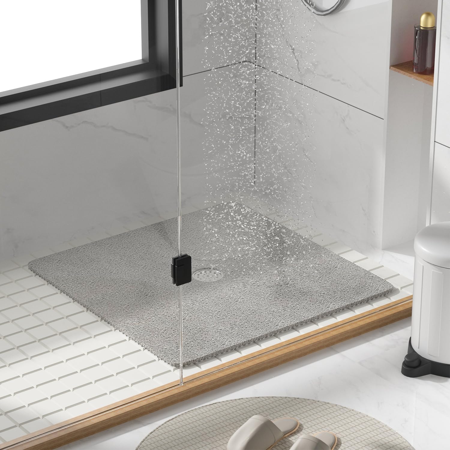 HITSLAM Square Shower Mat, 27 x 27 Inch Non Slip Bath Mat for Tub, Soft PVC Loofah Bathtub Mats with Drain Holes, Quick Drying Bathroom Stall Floor Mat, Bathroom Accessories Without Suction Cup, Grey