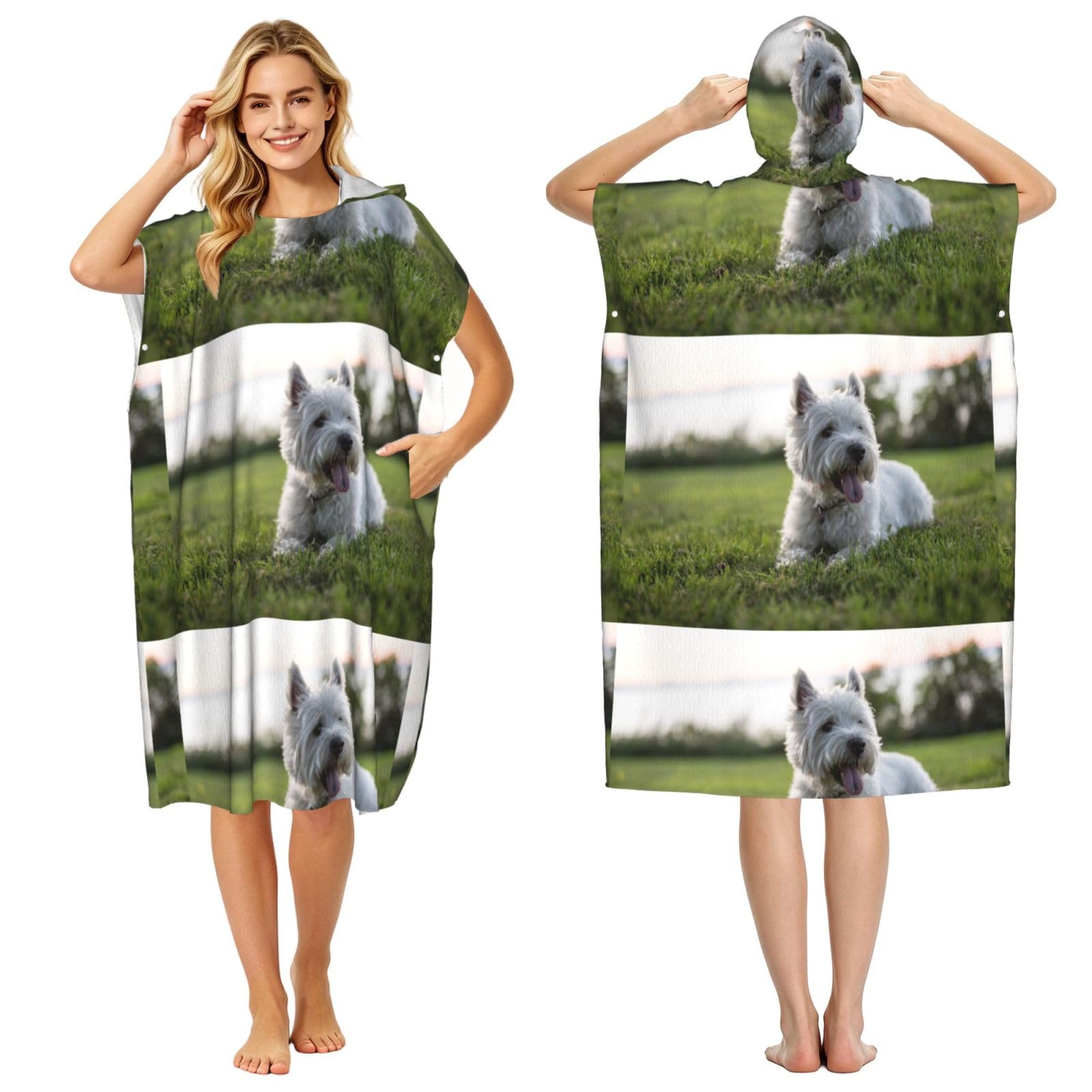 Poadnly Westie Lawn West Highland White Terrier Dogs, Adult Hooded Beach Towel 90 x 110 cm,Changing Bath Robe, Surf Poncho Towel For Women Men